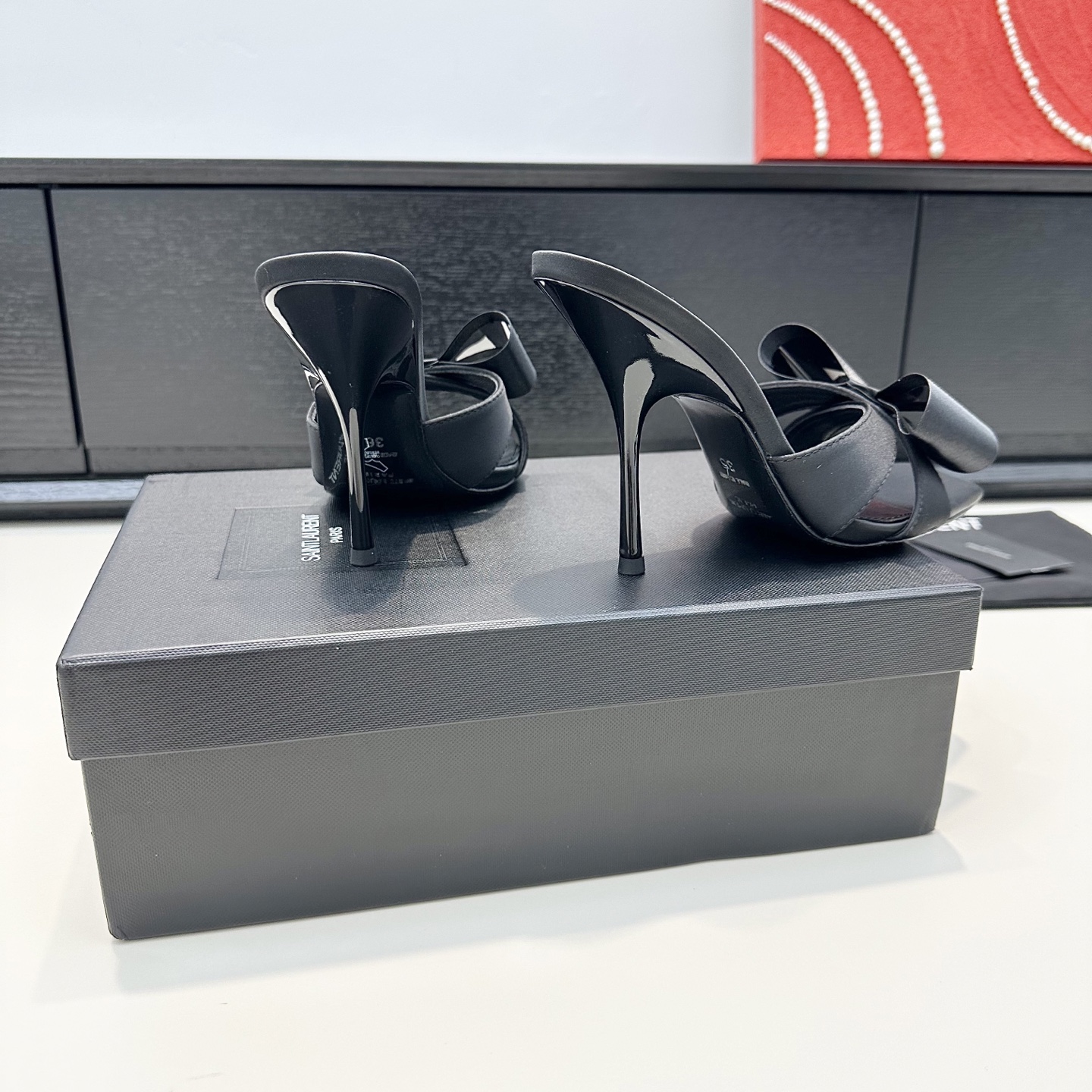 YSL Black Bow Square Toe Heel Slides