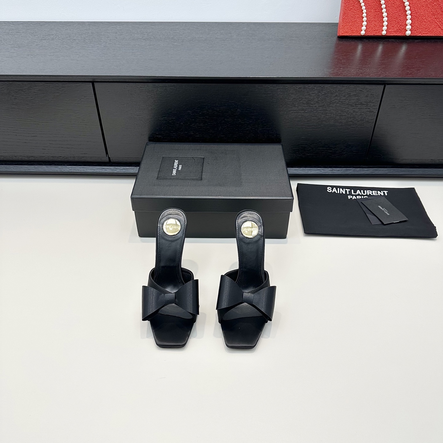 YSL Black Bow Square Toe Heel Slides