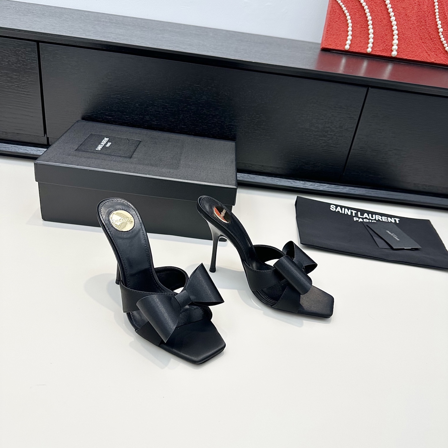 YSL Black Bow Square Toe Heel Slides