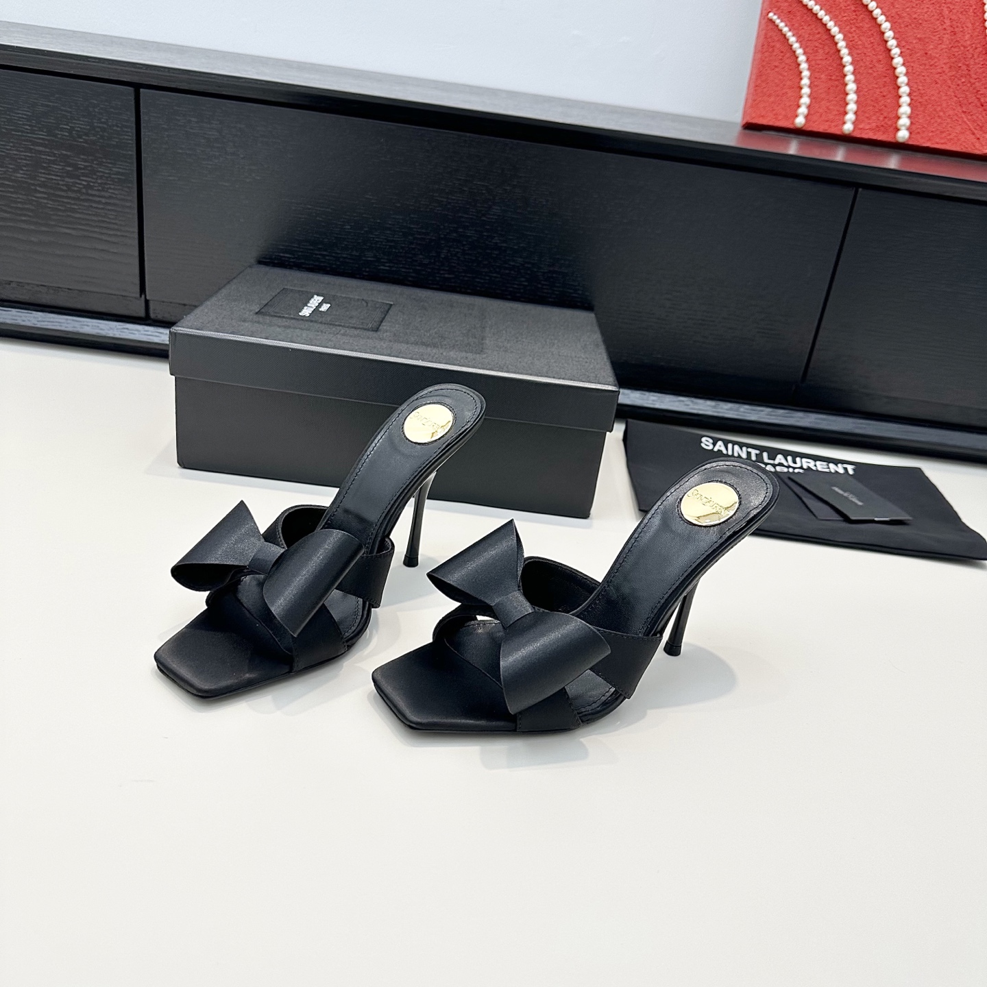 YSL Black Bow Square Toe Heel Slides