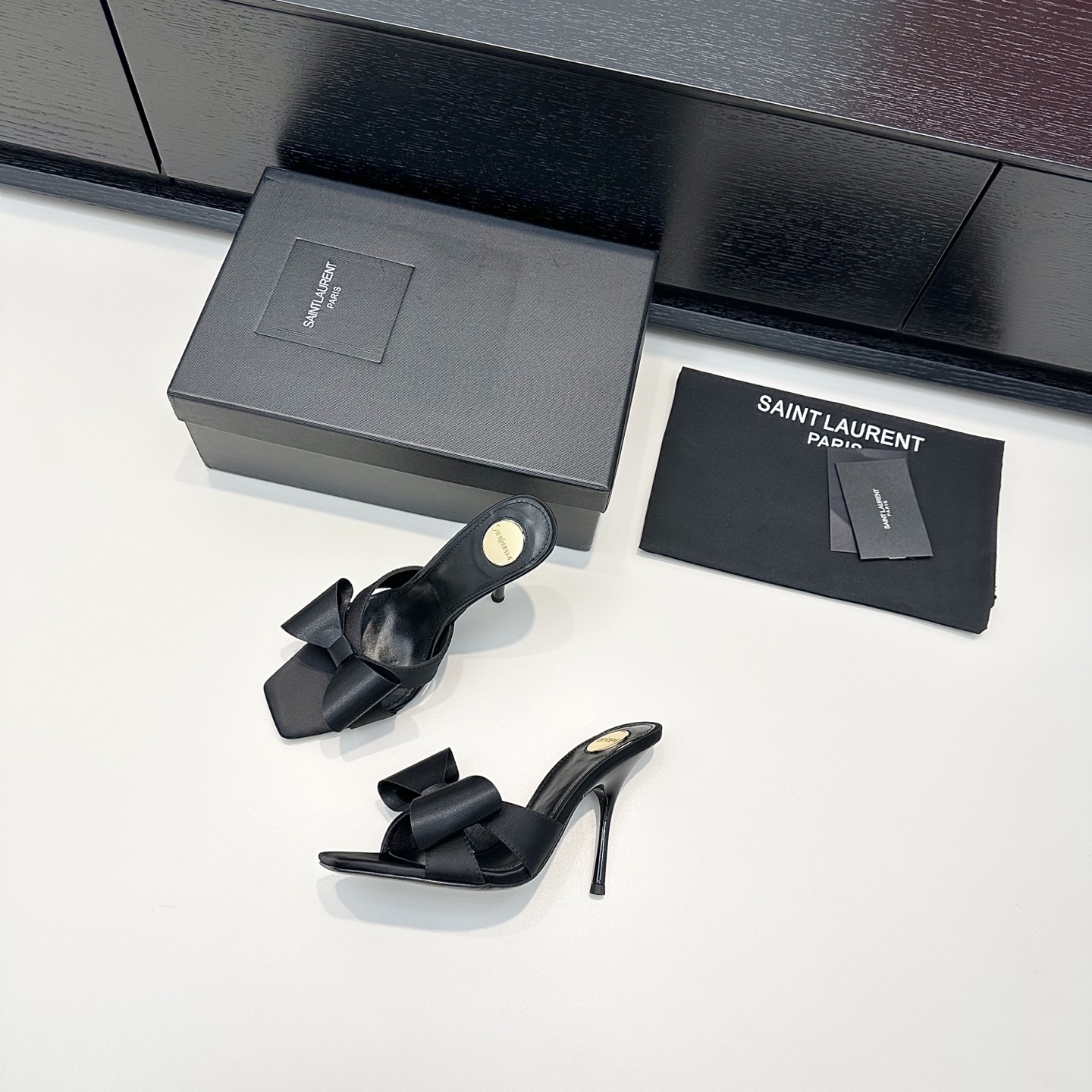 YSL Black Bow Square Toe Heel Slides