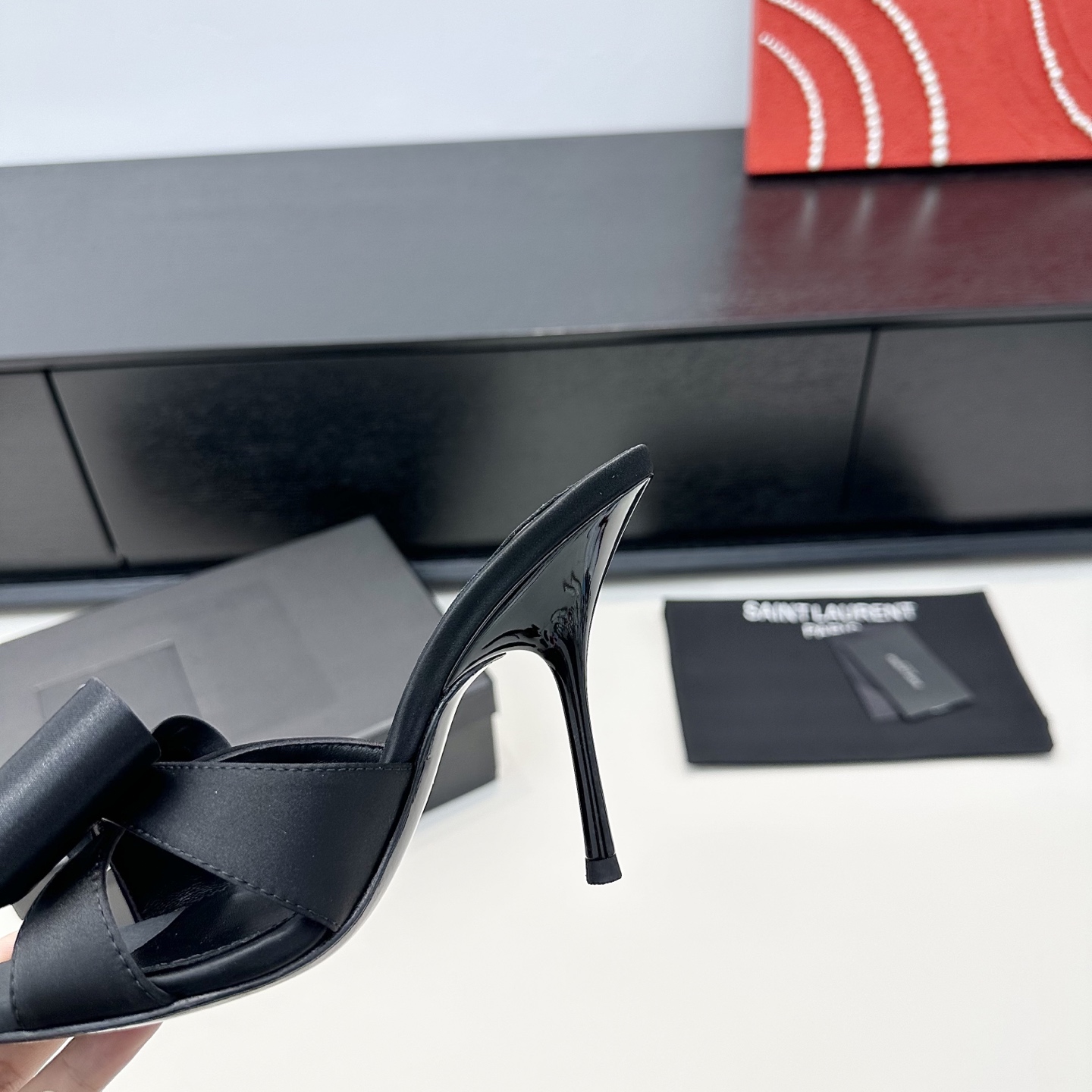 YSL Black Bow Square Toe Heel Slides