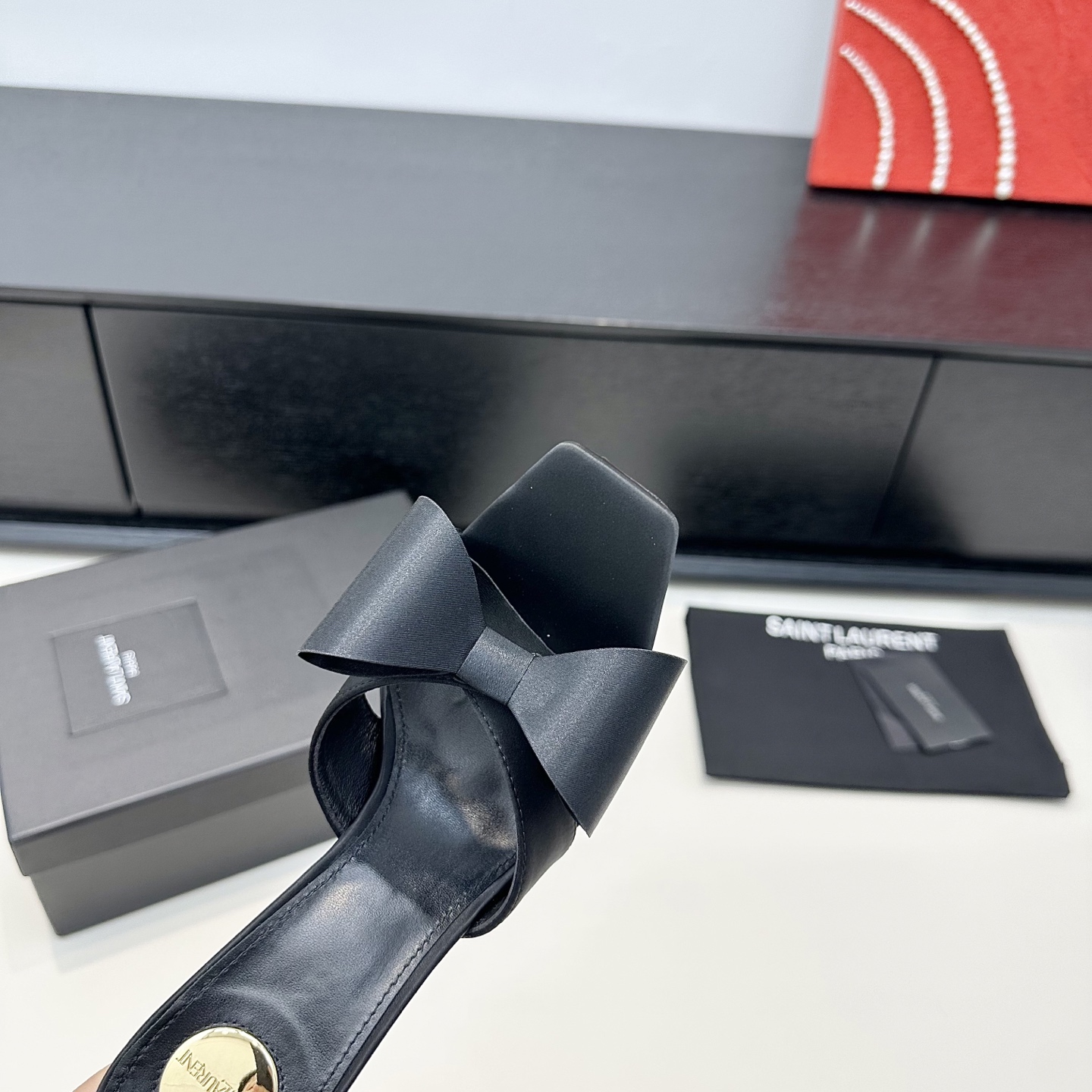 YSL Black Bow Square Toe Heel Slides