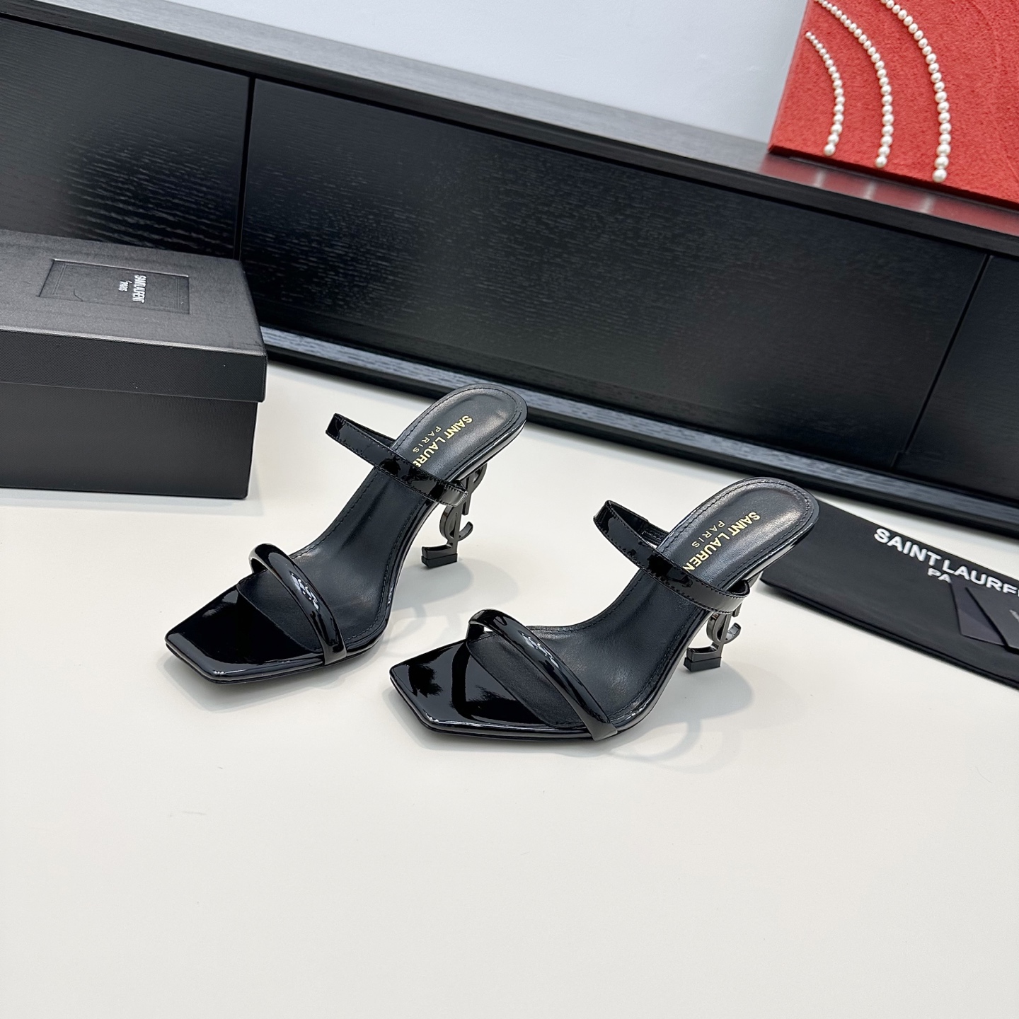 YSL SL Logo Heel Patent Mule Slides