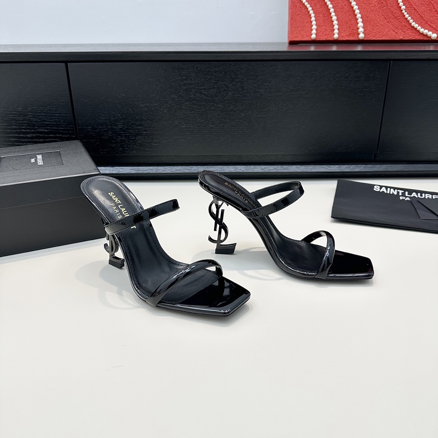 YSL SL Logo Heel Patent Mule Slides