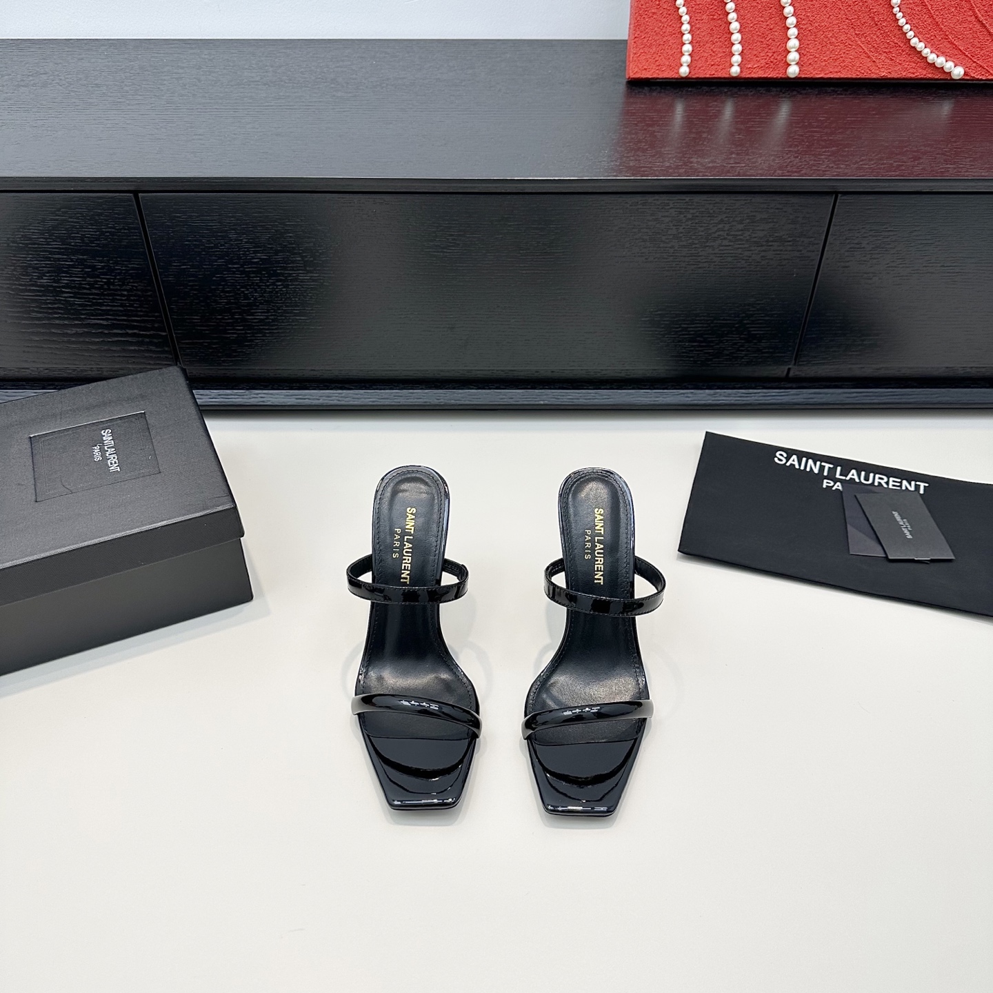 YSL SL Logo Heel Patent Mule Slides