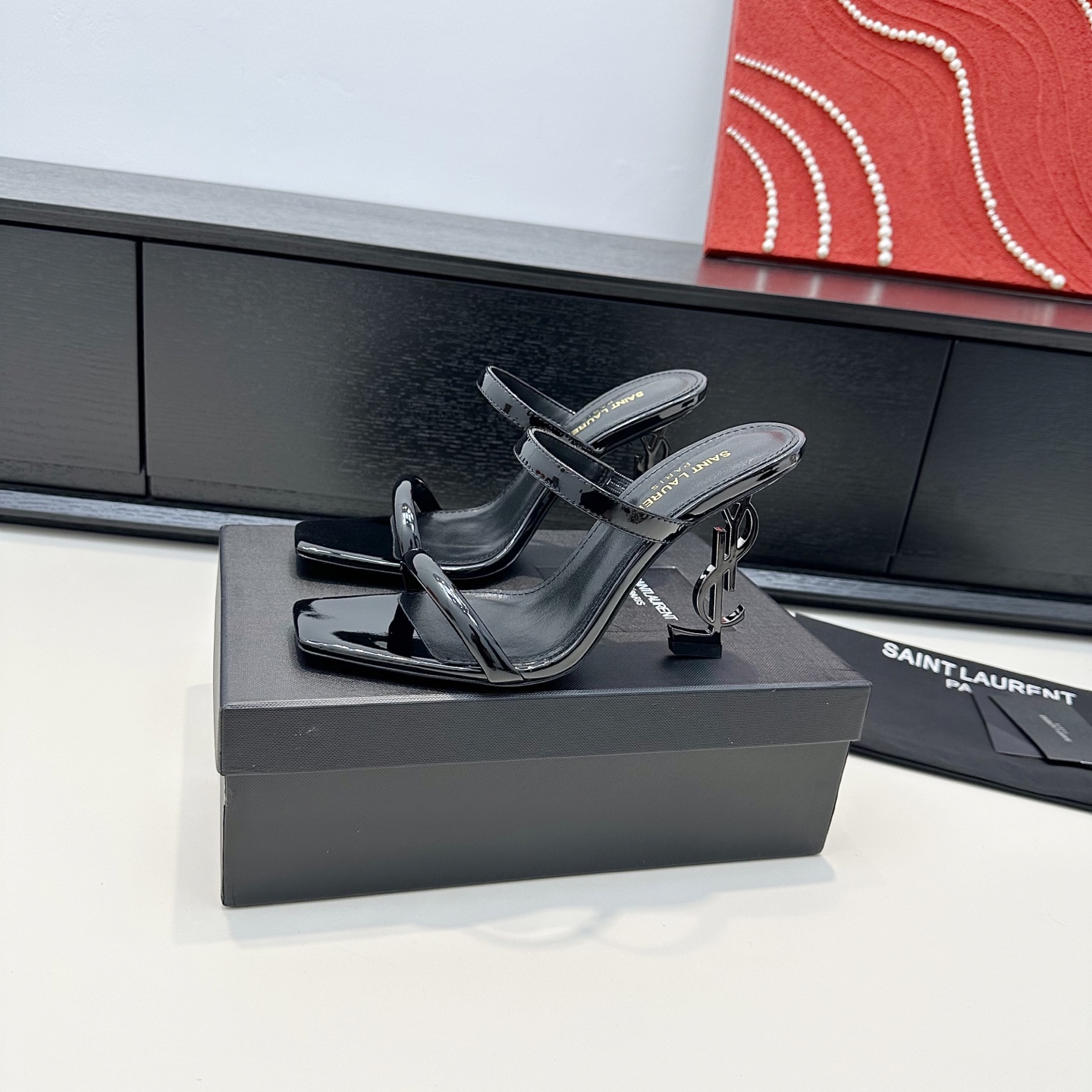 YSL SL Logo Heel Patent Mule Slides