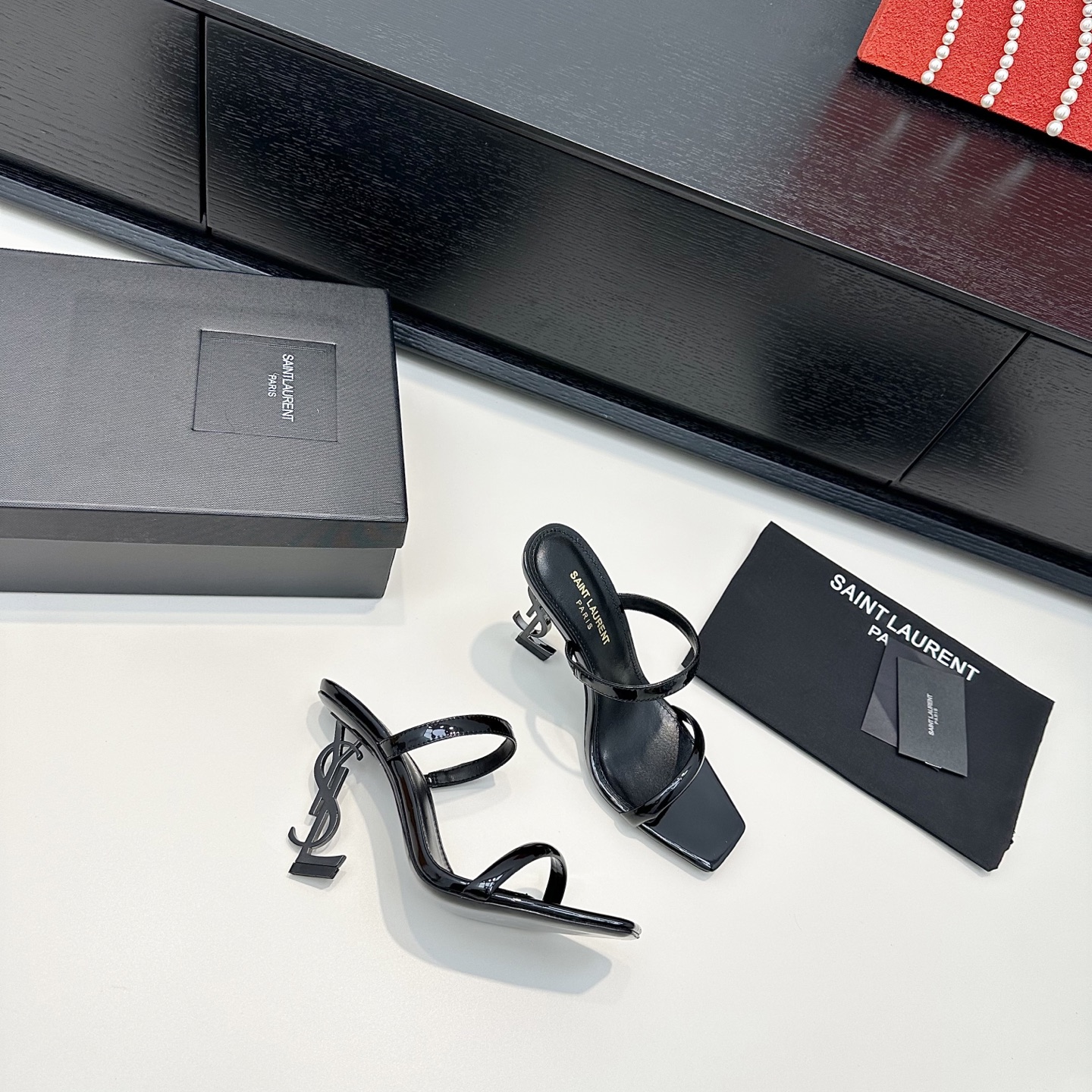 YSL SL Logo Heel Patent Mule Slides