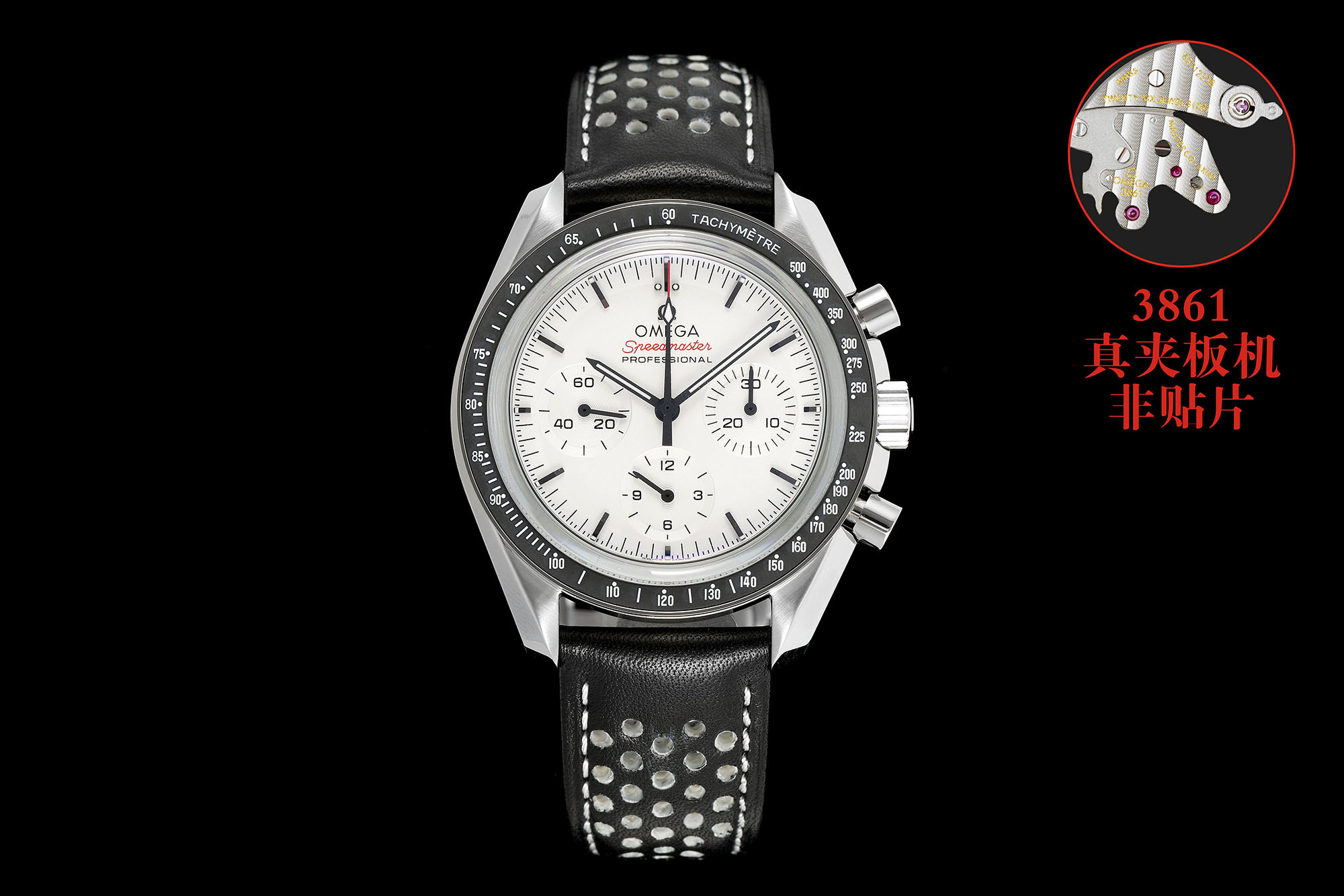 NO:389753,Omega Speedmaster series lunar disc is newly logged in .32.42.50.04.002 White disc model One of the highlights is the white dial with the red 'Speedmaster'. The white dial is inspired by the top secret project 'Alaska Project' jointly completed by Omega and NASA in 1969. The watch case is 42mm, made of stainless steel, with black anodized ceramic ring. Its speed measurement scale has the iconic Dotover90, which is specially designed for fans of the Speedmaster series lunar watch. Equipped with Omega's new 3861 Master Cyclotron movement, this movement is also an upgraded version of the legendary 321 movement that is trusted by astronauts on the moon.  Compared with the previous 3861 transparent bottom model Moon Landing Speedmaster, there are only two different ones: 1. The white varnished surface has a white porcelain plate texture at a certain angle; 2. The black PVD pointer is sharply compared with the plate, improving readability., omega19860909欧米茄超霸系列月球盘全新登录 .32.42.50.04.002 白盘款 一个比较大亮点是白色表盘搭配红色“Speedmaster”字样.白色表盘灵感来源于1969年欧米茄与NASA共同完成的绝密项目“阿拉斯加计划”. 腕表表壳为42毫米,采用精钢制成,搭配黑色阳极氧化陶瓷圈口,其测速刻度设有标志性的Dotover90 专为超霸系列月球表爱好者而设计.搭载欧米茄全新3861至臻天文台机芯,此款机芯也是深受登月宇航员信赖的传奇的321机芯的升级版本. 和之前3861透底款登月超霸比,唯两个不同1,白色清漆面,一定角度下有白瓷盘质感；2,黑色PVD指针,和盘面对比鲜明,提高可读性.,,omega,Watch