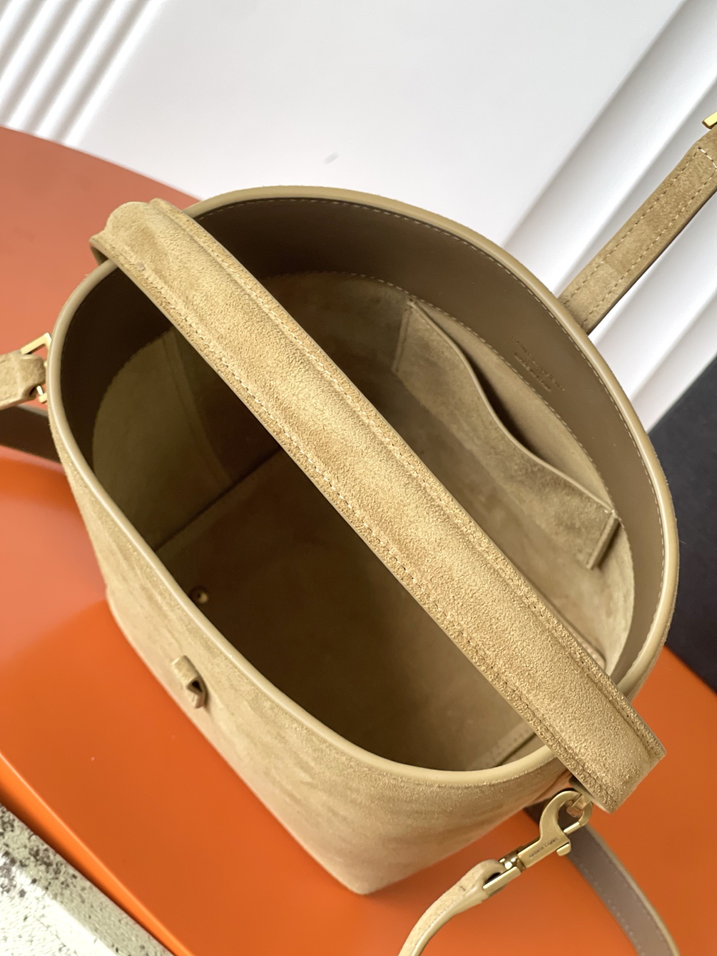 SAINT LAURENT Golden Leaf Suede Bucket Bag