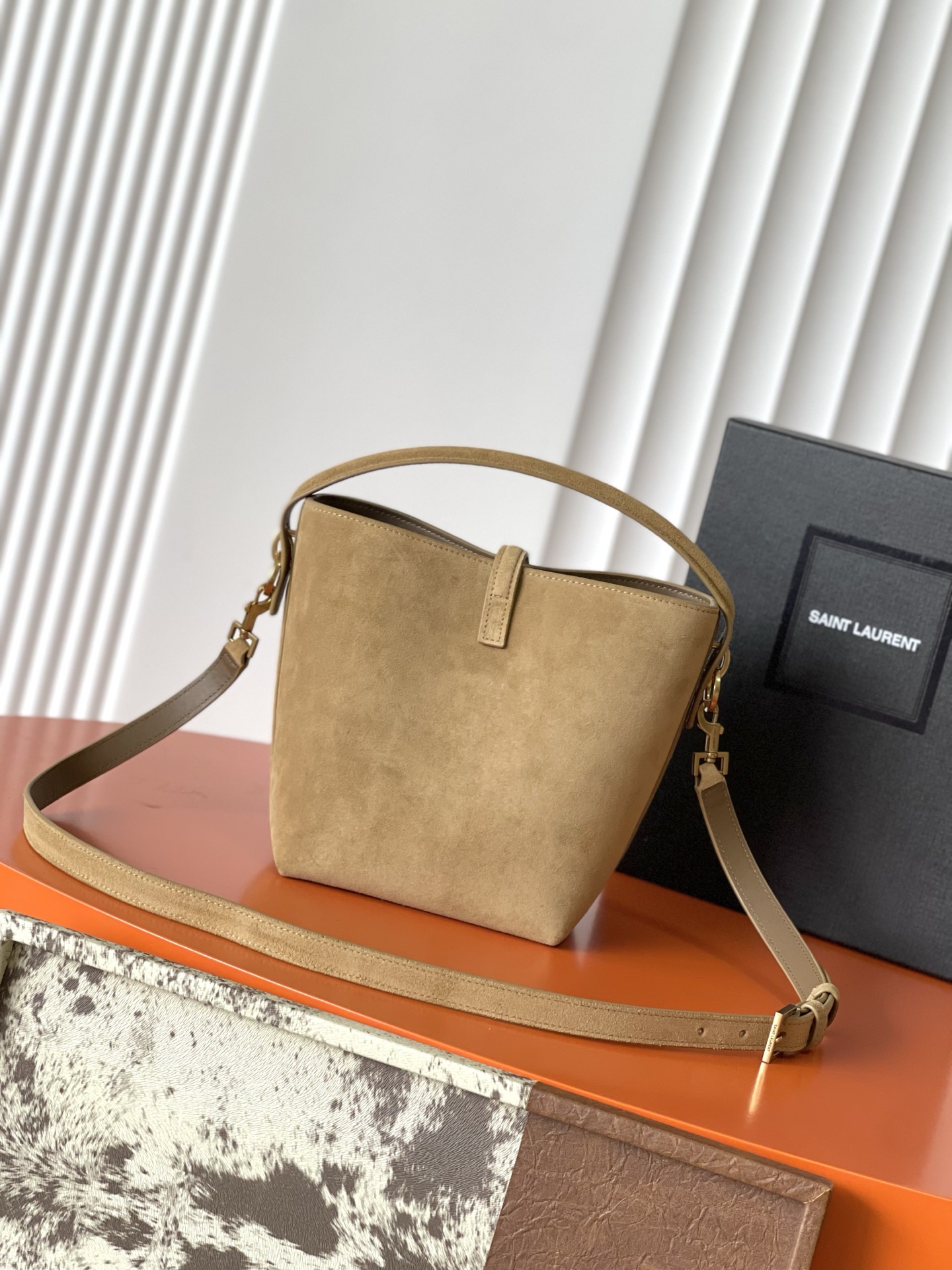 SAINT LAURENT Golden Leaf Suede Bucket Bag