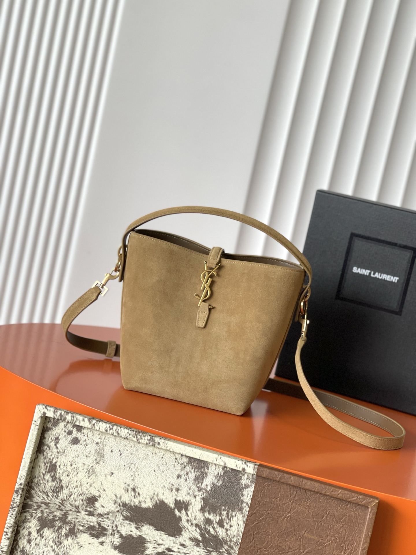 SAINT LAURENT Golden Leaf Suede Bucket Bag