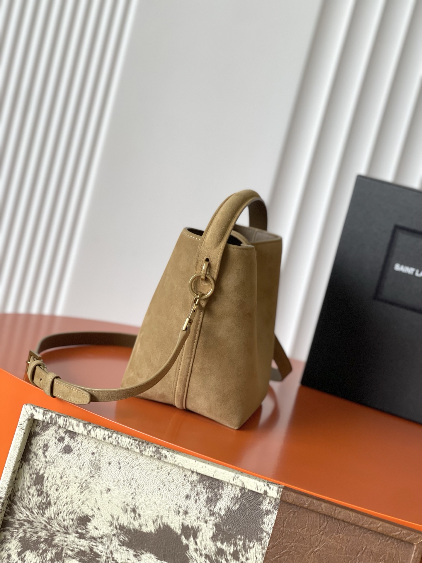 SAINT LAURENT Golden Leaf Suede Bucket Bag
