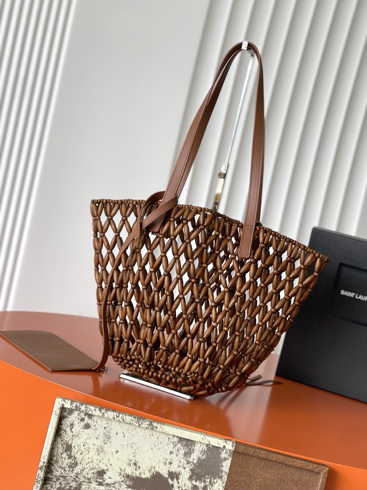 SAINT LAURENT Brown Wood Bead Panier Tote