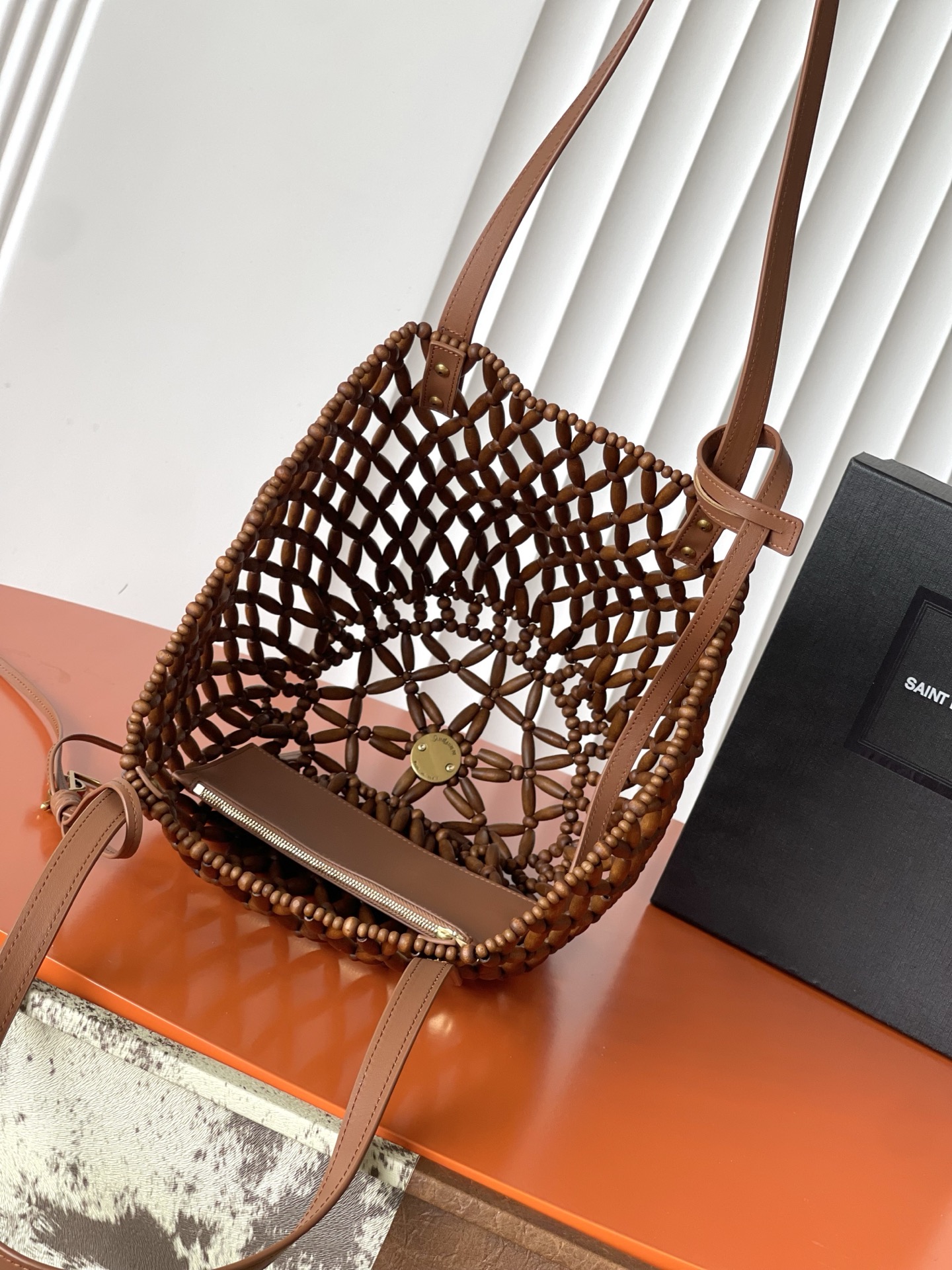SAINT LAURENT Brown Wood Bead Panier Tote