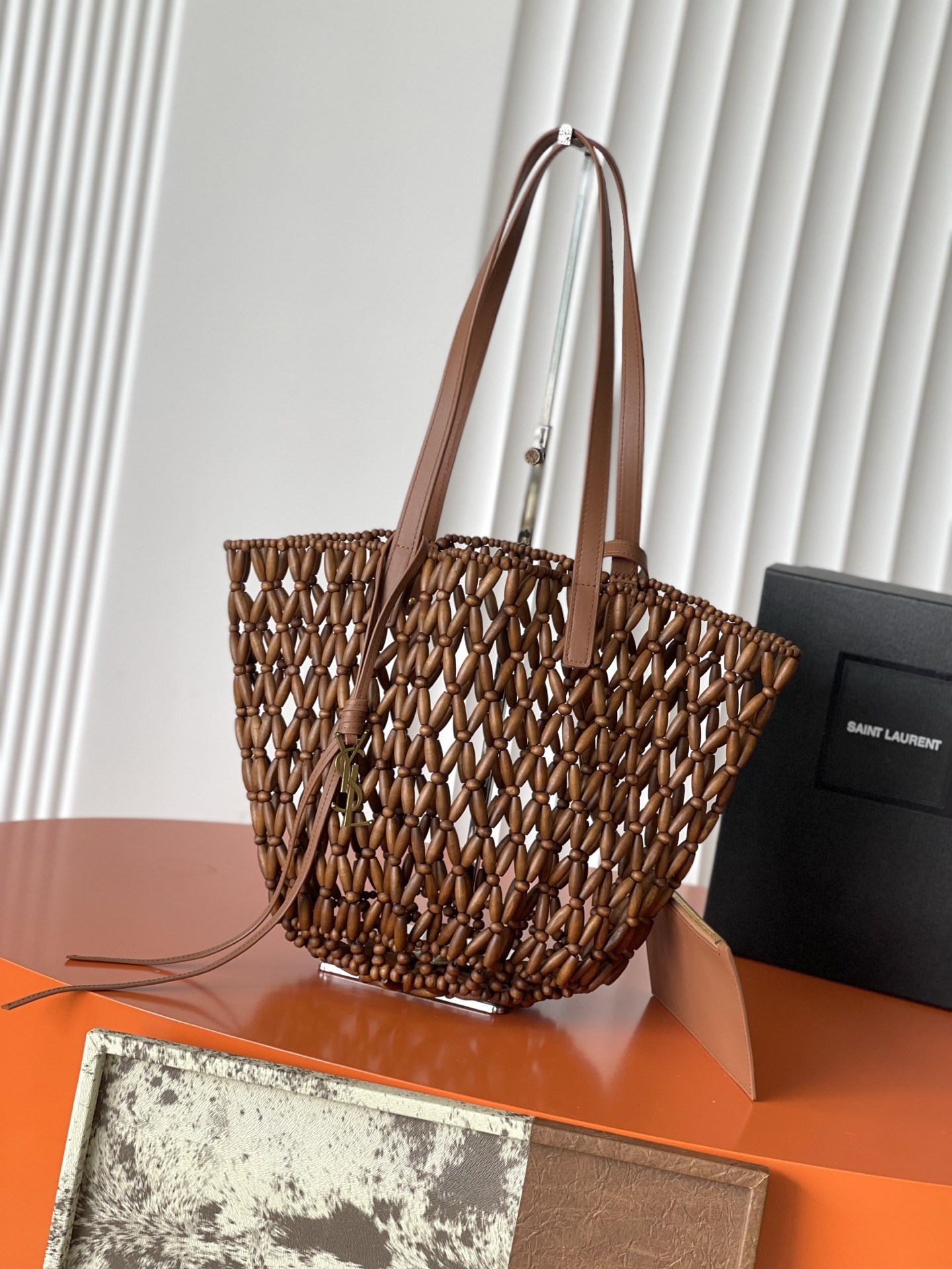 SAINT LAURENT Brown Wood Bead Panier Tote
