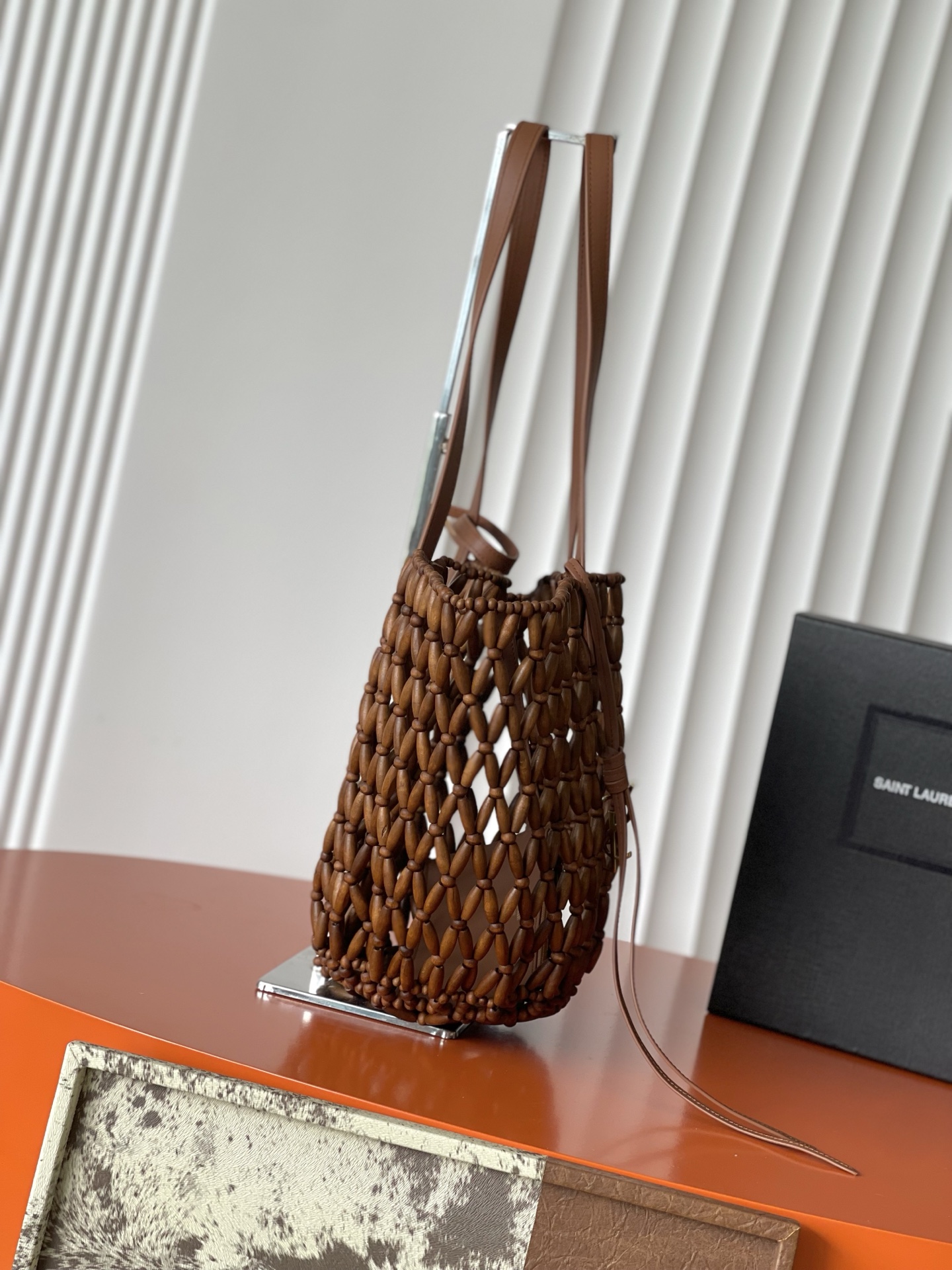 SAINT LAURENT Brown Wood Bead Panier Tote