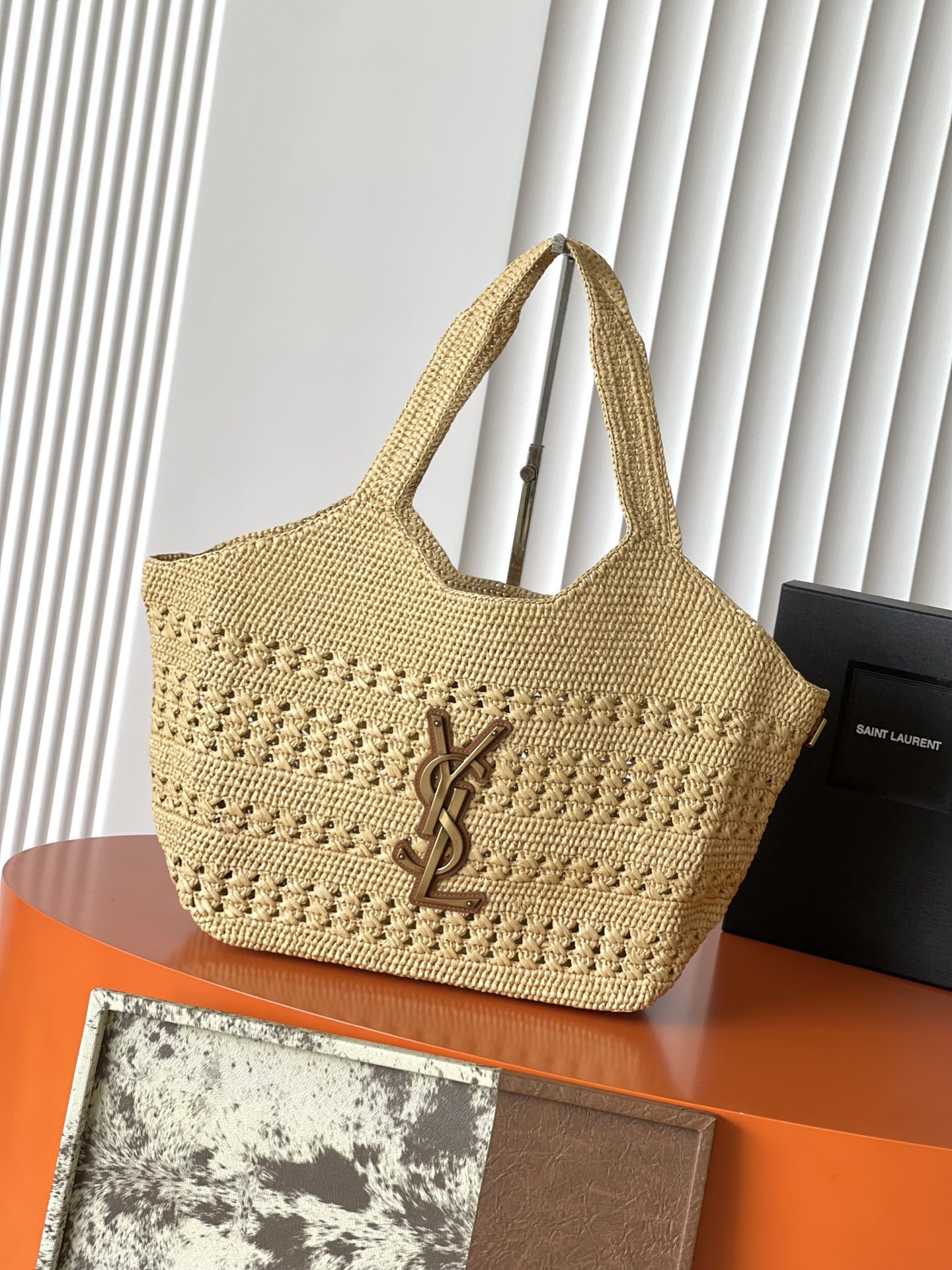 SAINT LAURENT Natural Raffia Icare Medium Tote