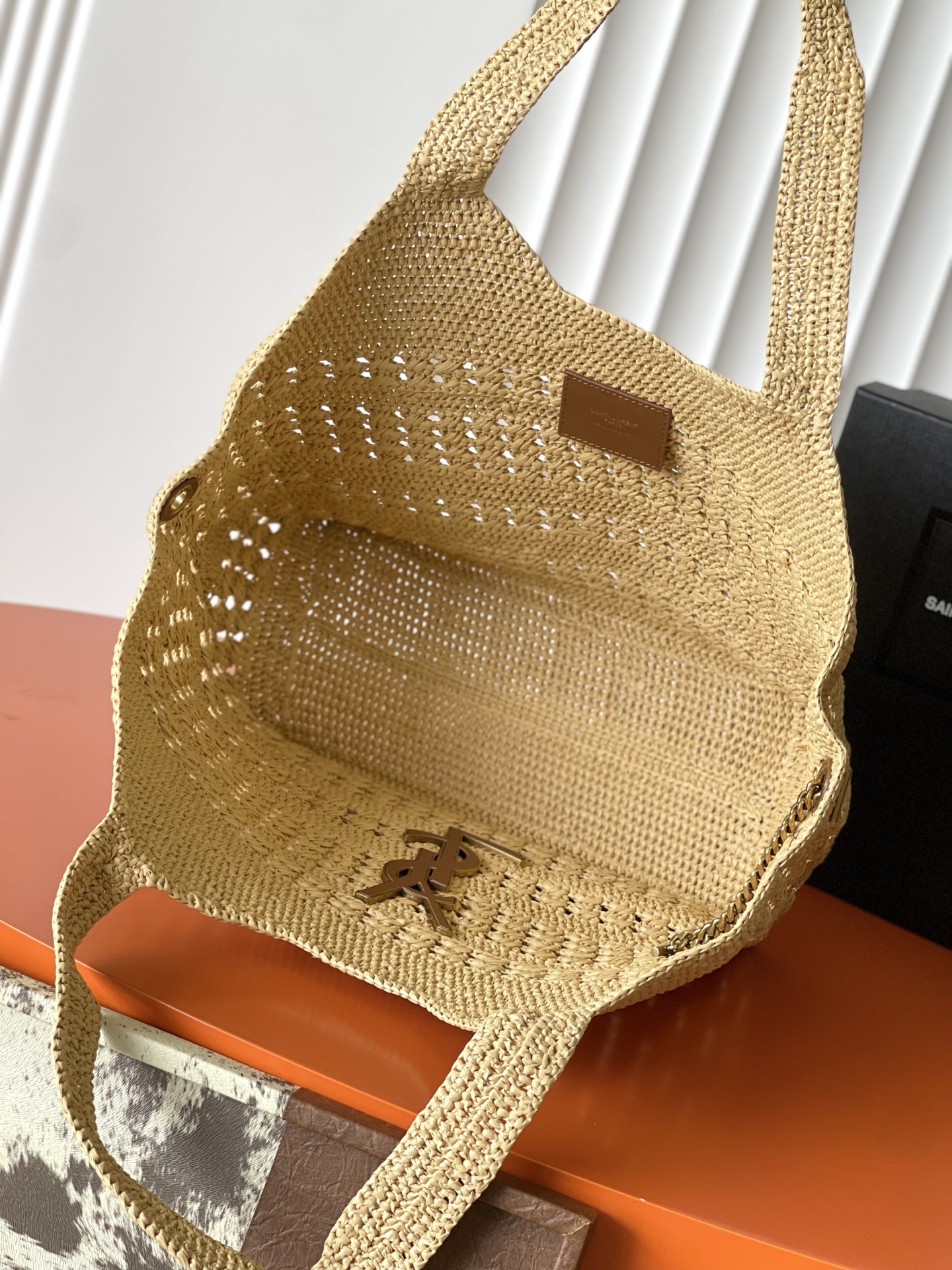 SAINT LAURENT Natural Raffia Icare Medium Tote