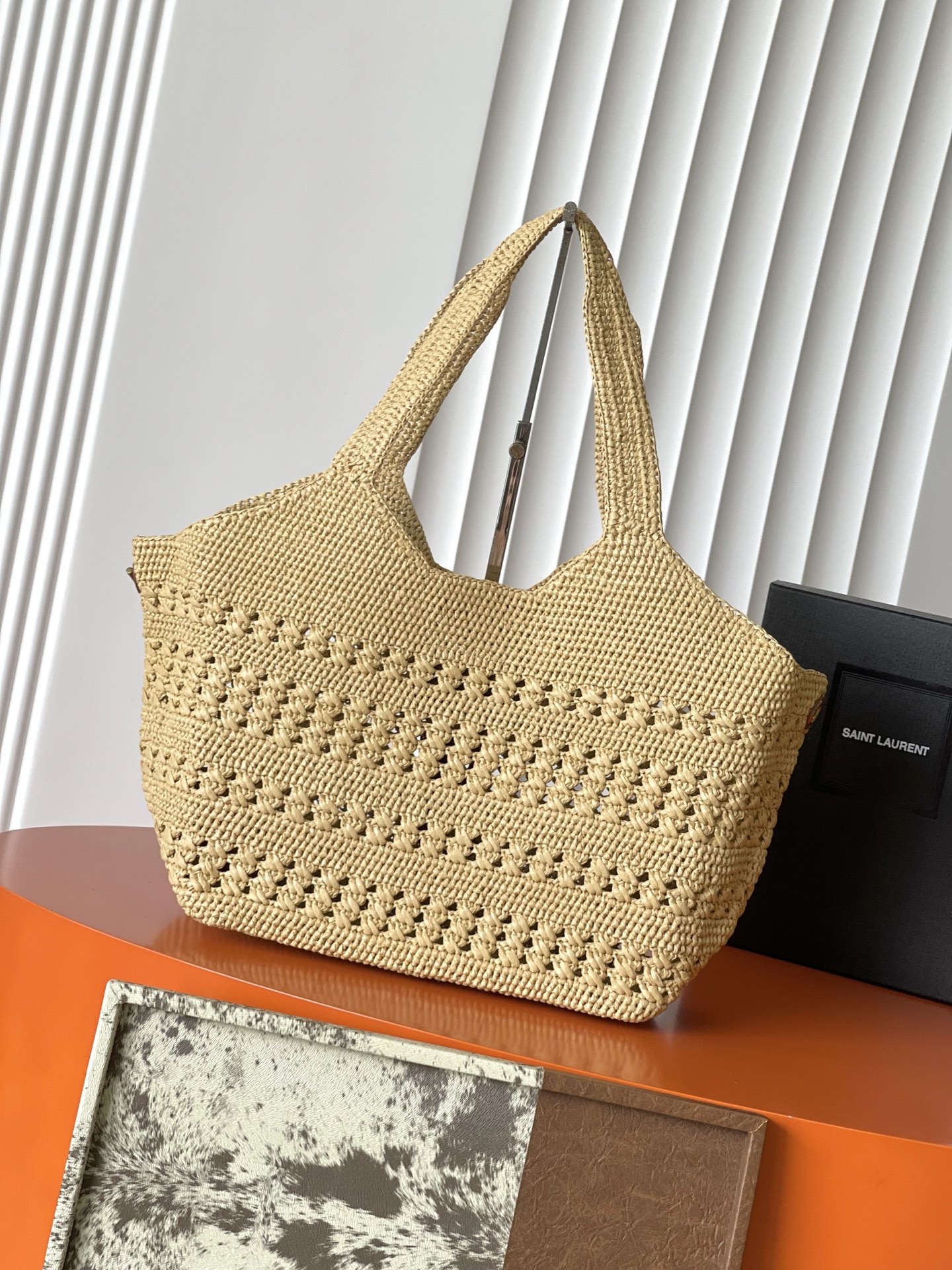 SAINT LAURENT Natural Raffia Icare Medium Tote