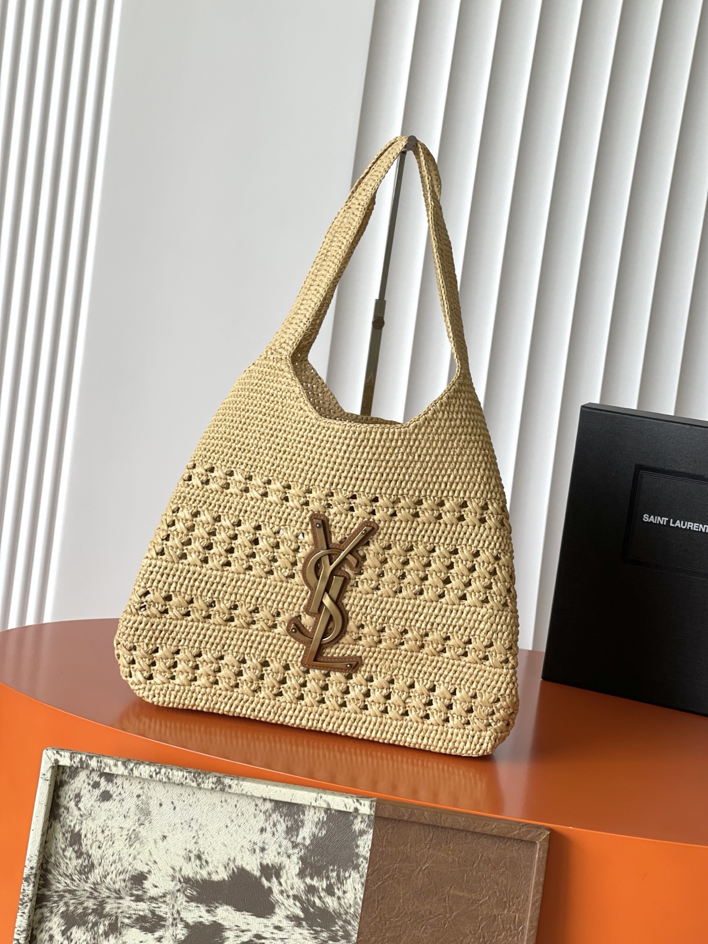 SAINT LAURENT Natural Raffia Icare Medium Tote