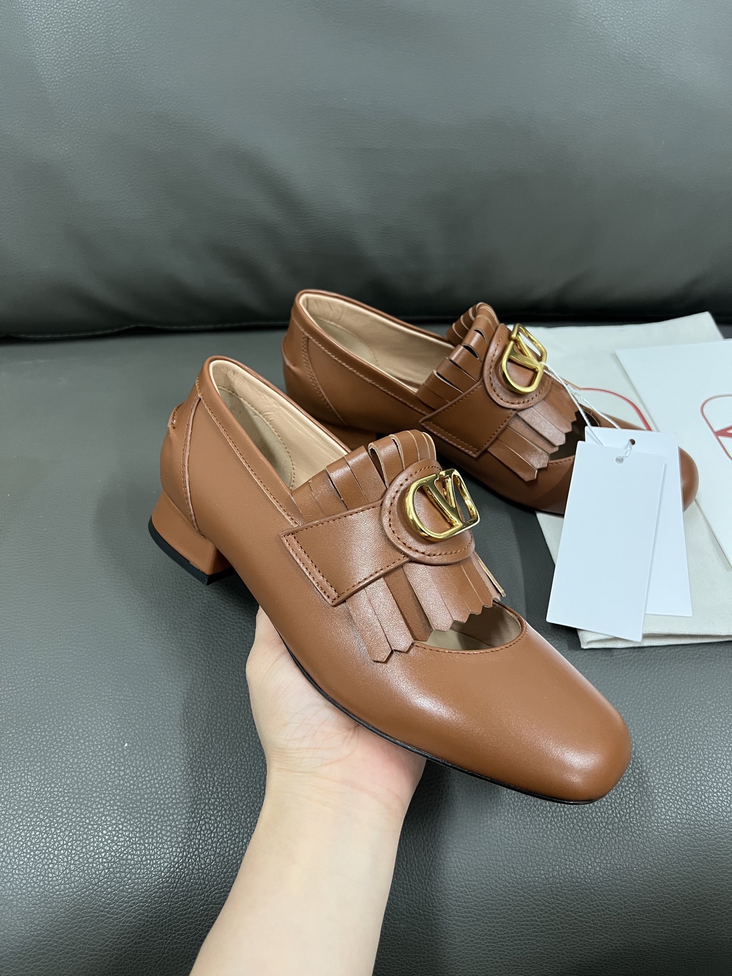 Valentino Women's Leather Fringe Detail Block Heel Loafers - Brown 1 Valentino Women's Leather Fringe Detail Block Heel Loafers - Brown