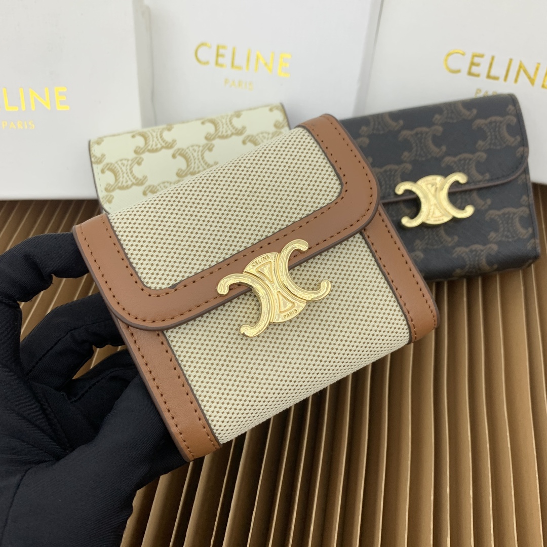 Celine Good
 Wallet Gold White Yellow Calfskin Cowhide Fabric Triomphe