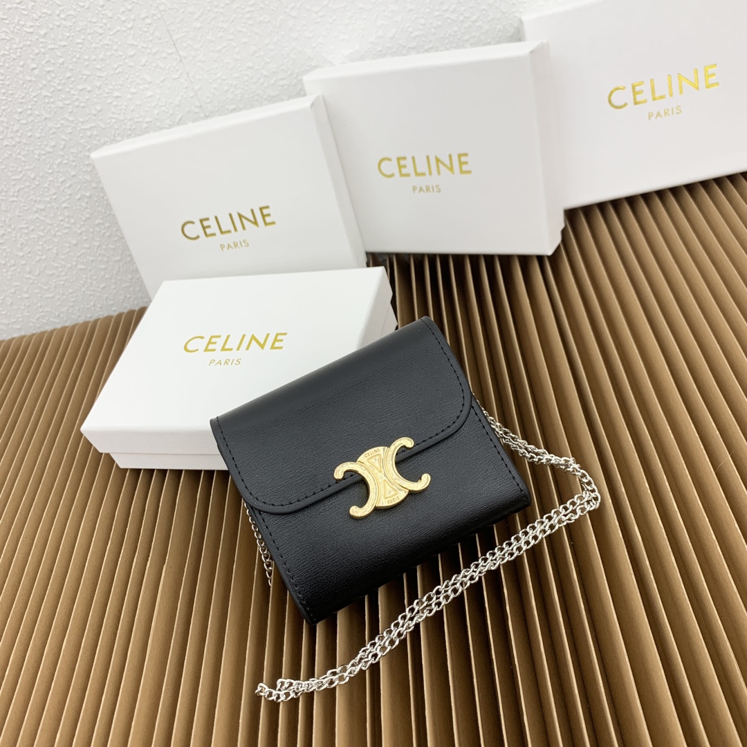 Celine Wallet Black Cowhide Fabric Lambskin Sheepskin Triomphe