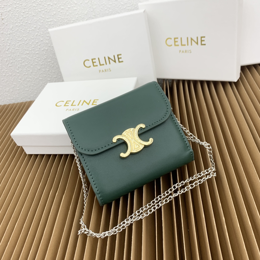 Celine Wallet Dark Green Cowhide Fabric Lambskin Sheepskin Triomphe