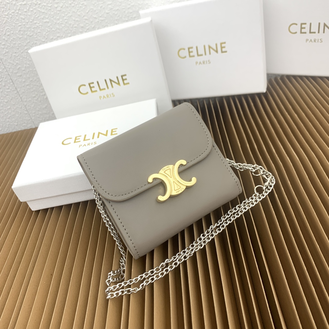 Celine Wallet Grey Cowhide Fabric Lambskin Sheepskin Triomphe