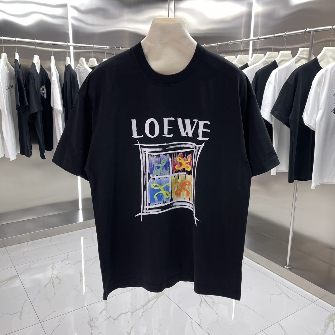Loewe Clothing T-Shirt Black White Printing Cotton Short Sleeve