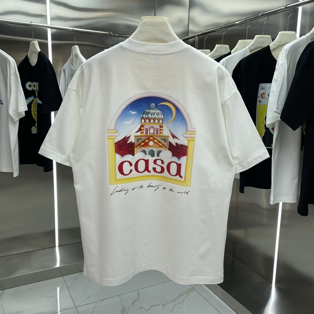 “Casablanca Classic Series: Velvet Cotton Short-Sleeve T-shirt in White and Black” - 图片 6