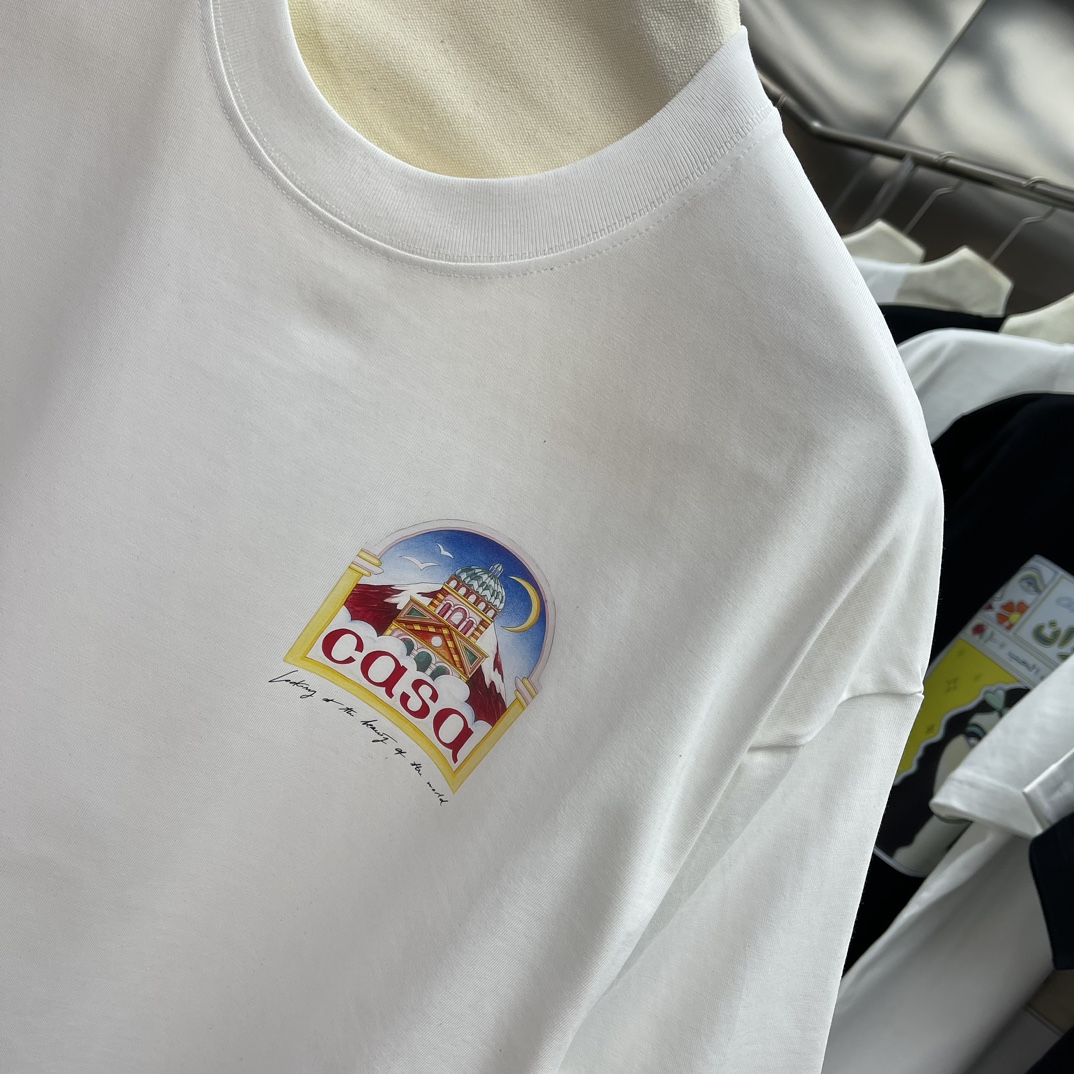 “Casablanca Classic Series: Velvet Cotton Short-Sleeve T-shirt in White and Black” - 图片 5
