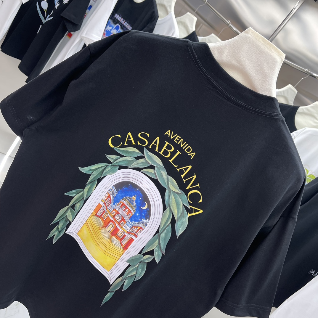 Casablanca Classics Short-Sleeve Velvet Cotton T-Shirt – White/Black, SM-XXL Sizes - 图片 7