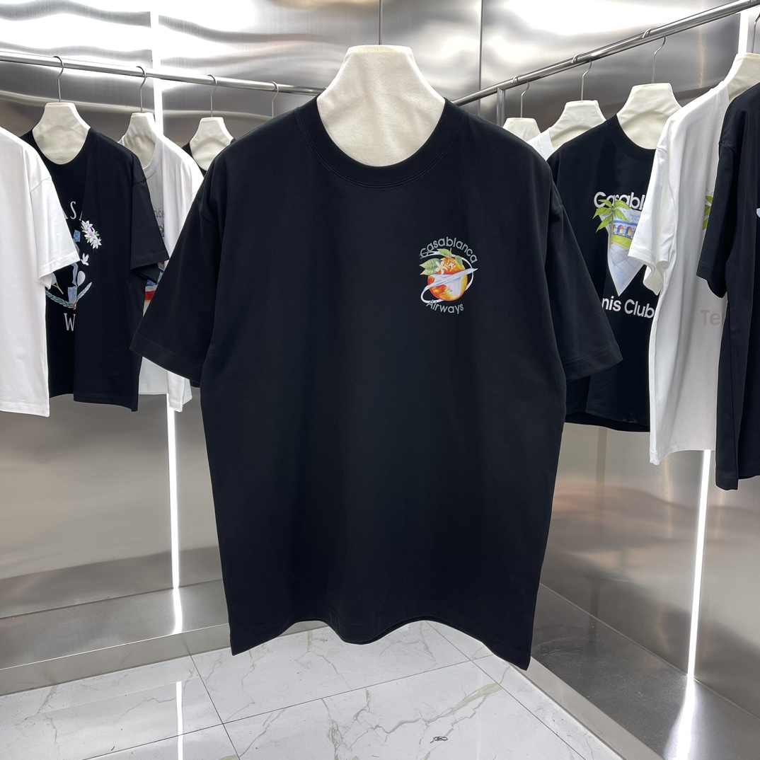 Casablanca Classics Short-Sleeve Velvet Cotton T-shirt: White and Black, Various Sizes