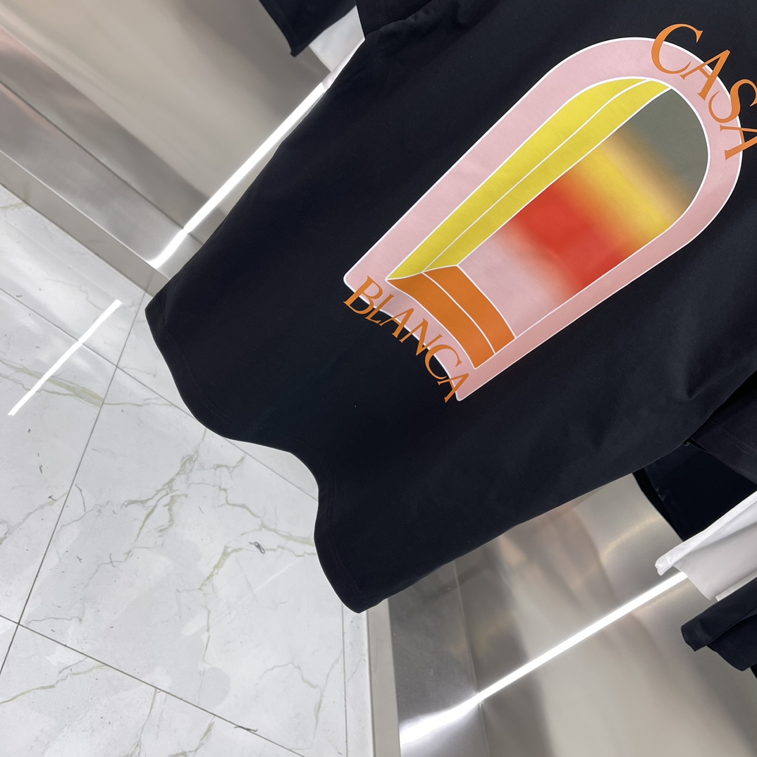 Casablanca Classics Short-Sleeve Velvet Cotton T-shirt – White/Black, Unisex, Wide-fit Sizes - 图片 8