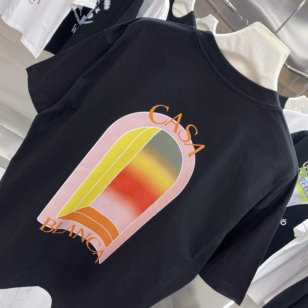 Casablanca Classics Short-Sleeve Velvet Cotton T-shirt – White/Black, Unisex, Wide-fit Sizes - 图片 7