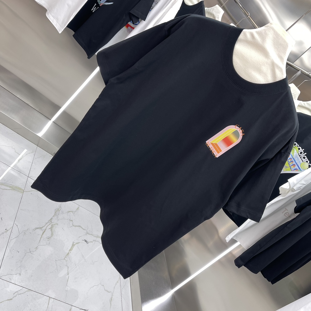 Casablanca Classics Short-Sleeve Velvet Cotton T-shirt – White/Black, Unisex, Wide-fit Sizes - 图片 2