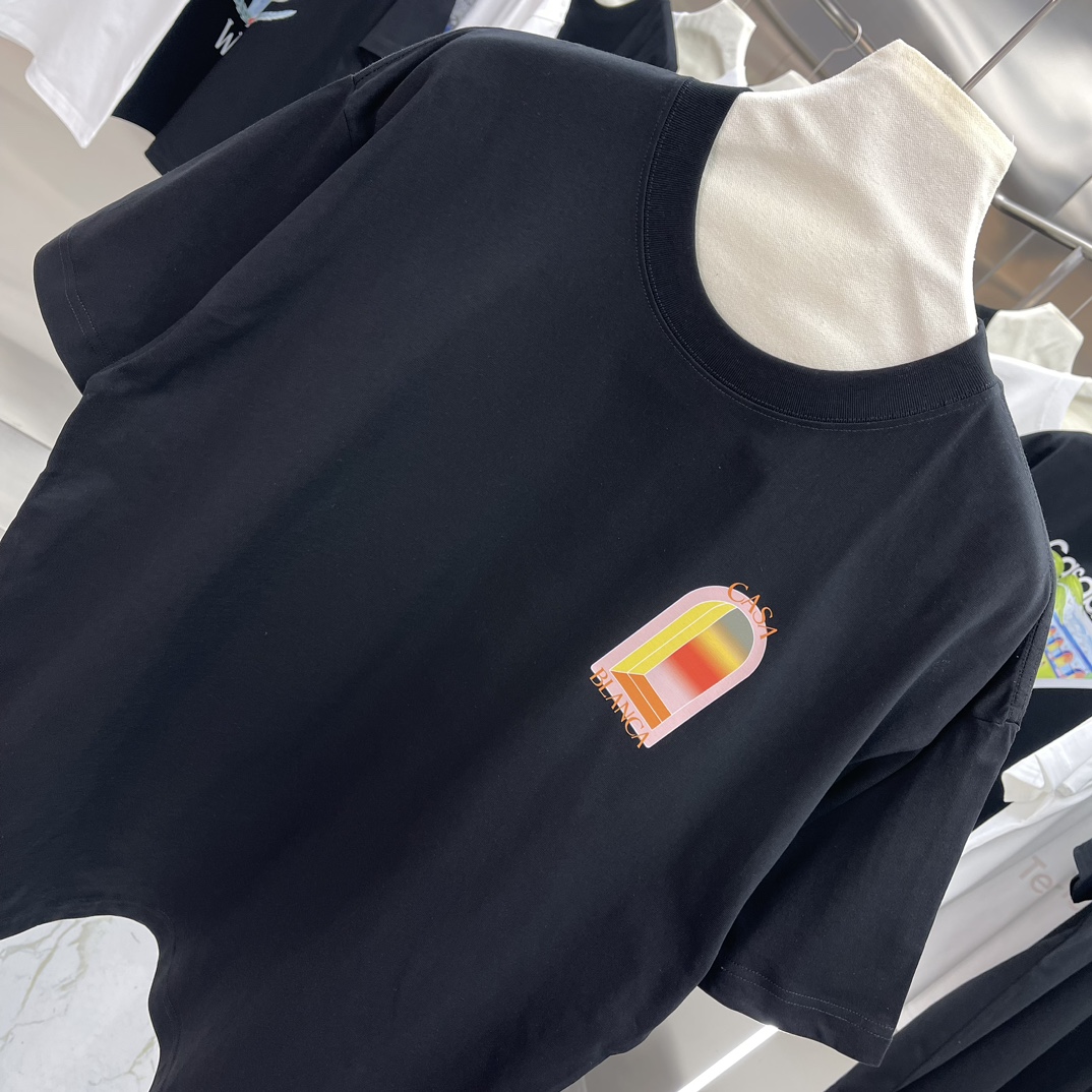 Casablanca Classics Short-Sleeve Velvet Cotton T-shirt – White/Black, Unisex, Wide-fit Sizes - 图片 3