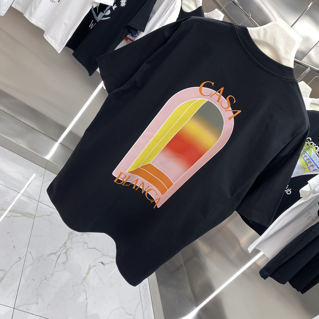 Casablanca Classics Short-Sleeve Velvet Cotton T-shirt – White/Black, Unisex, Wide-fit Sizes - 图片 6