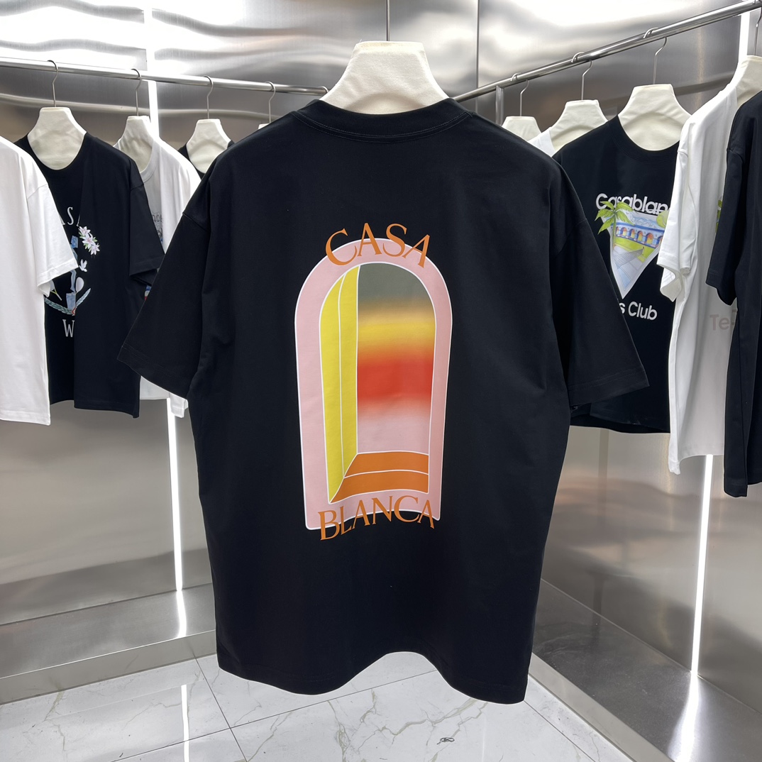 Casablanca Classics Short-Sleeve Velvet Cotton T-shirt – White/Black, Unisex, Wide-fit Sizes - 图片 5