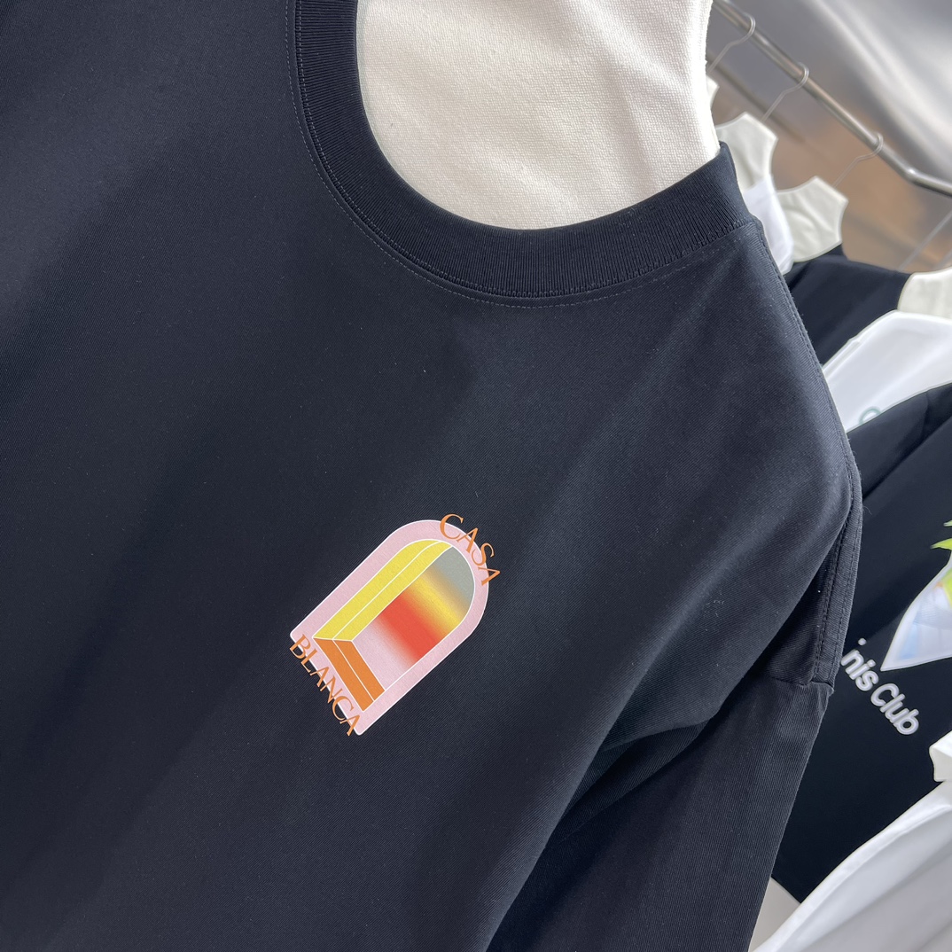 Casablanca Classics Short-Sleeve Velvet Cotton T-shirt – White/Black, Unisex, Wide-fit Sizes - 图片 4