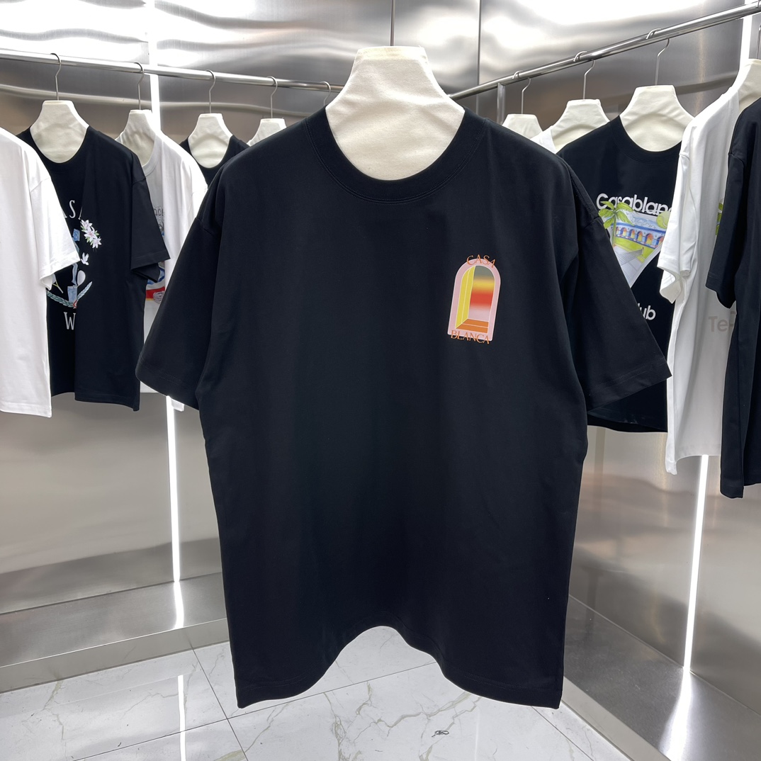 Casablanca Classics Short-Sleeve Velvet Cotton T-shirt – White/Black, Unisex, Wide-fit Sizes