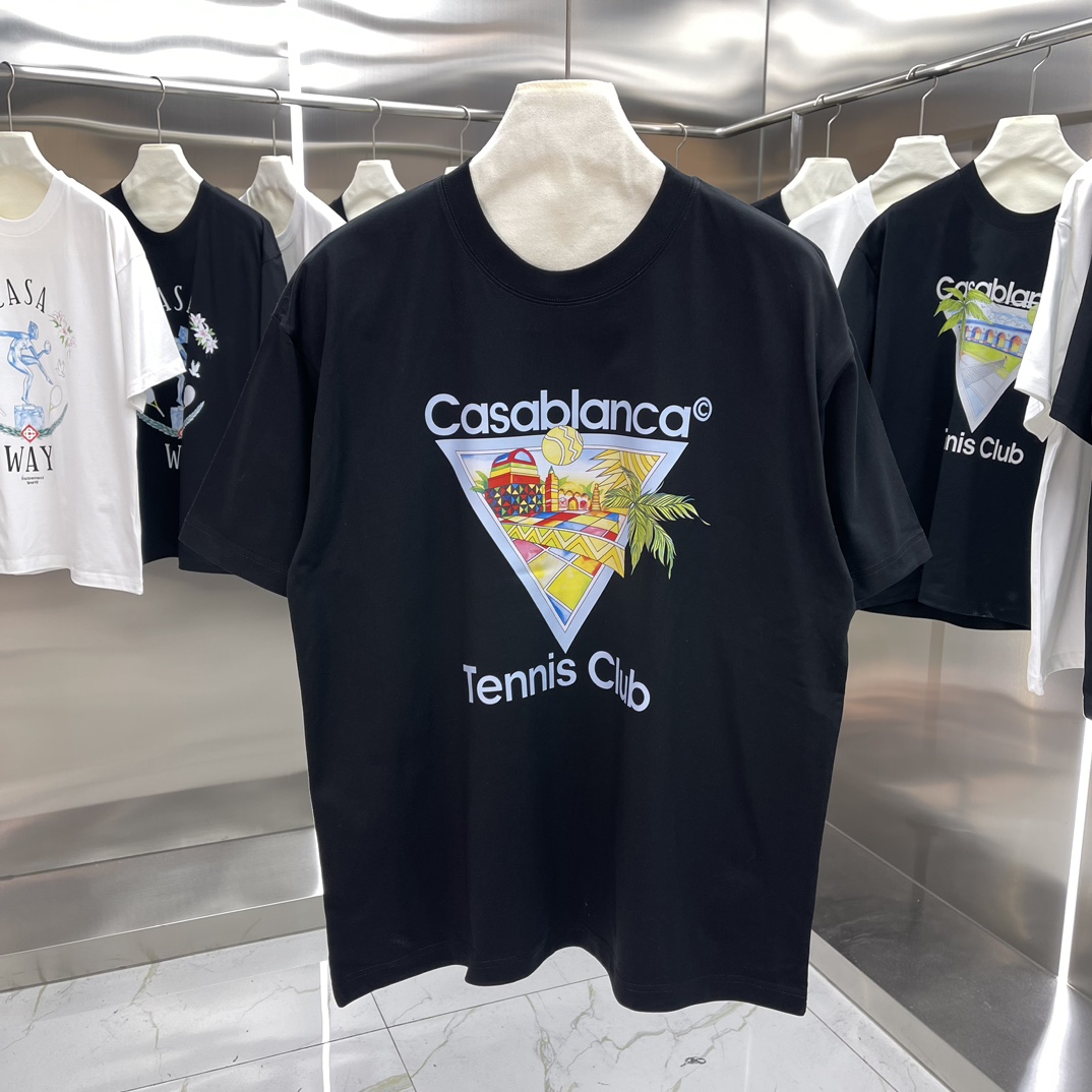 Casablanca Classics Short-Sleeve Velvet Cotton T-shirt in White and Black, Various Sizes