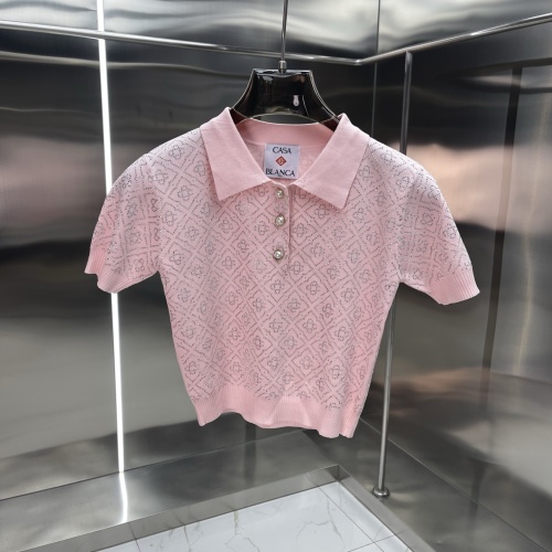 Casablanca Women's Pink Knit Polo Shirt with Rhinestone Embellishments 1 Casablanca Women's Pink Knit Polo Shirt with Rhinestone Embellishments