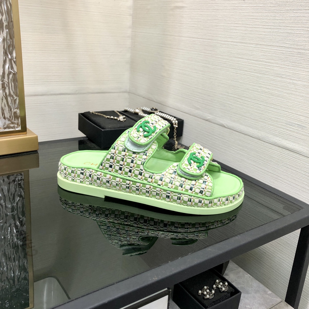 Chanel 2024 Handmade Velcro Sandals - Woven Fabric & Lambskin 1 Chanel 2024 Handmade Velcro Sandals - Woven Fabric & Lambskin