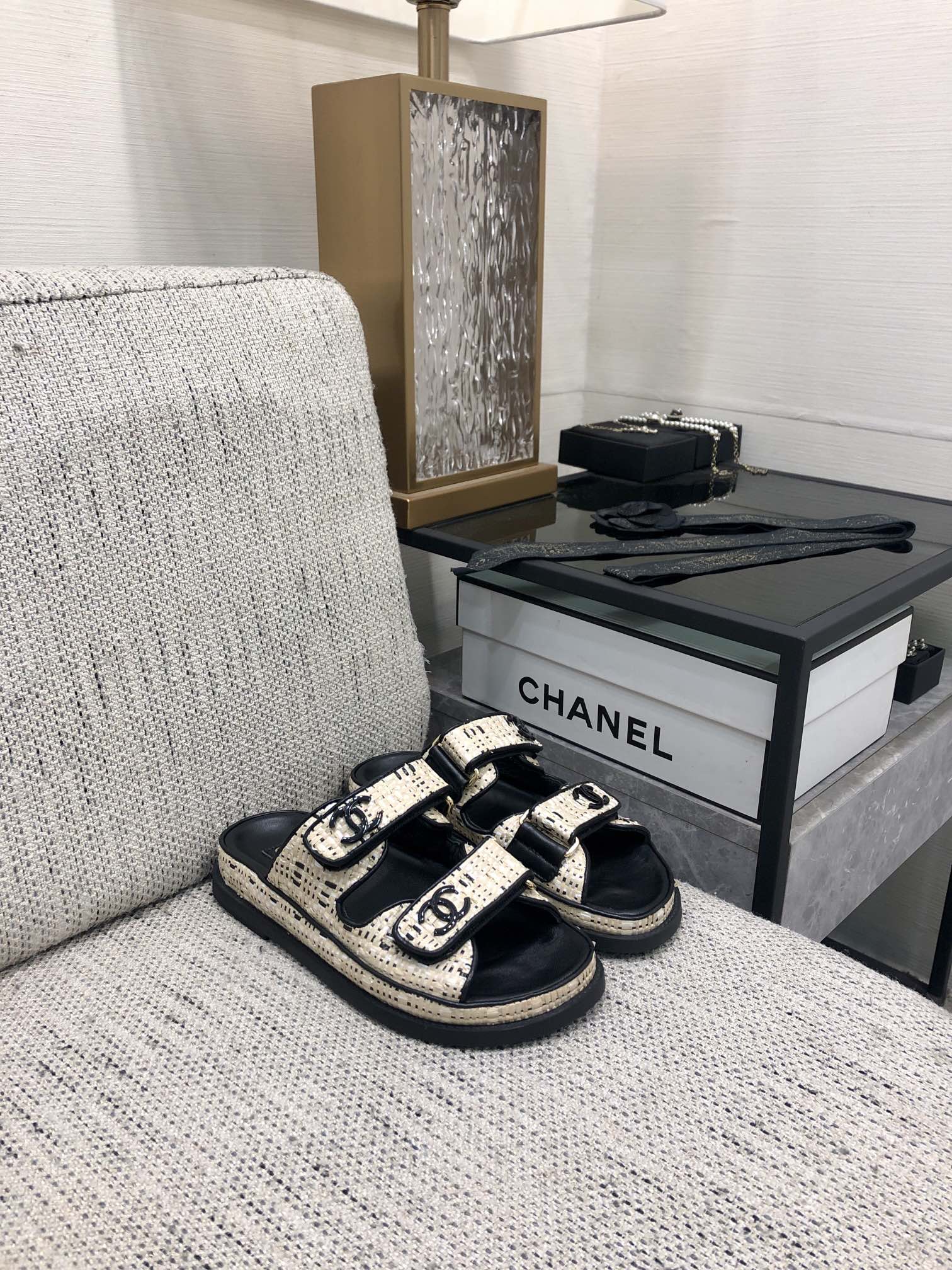 Chanel Women's Ivory & Black Handmade Velcro Strap Sandals 5 i1717014453 1044 0