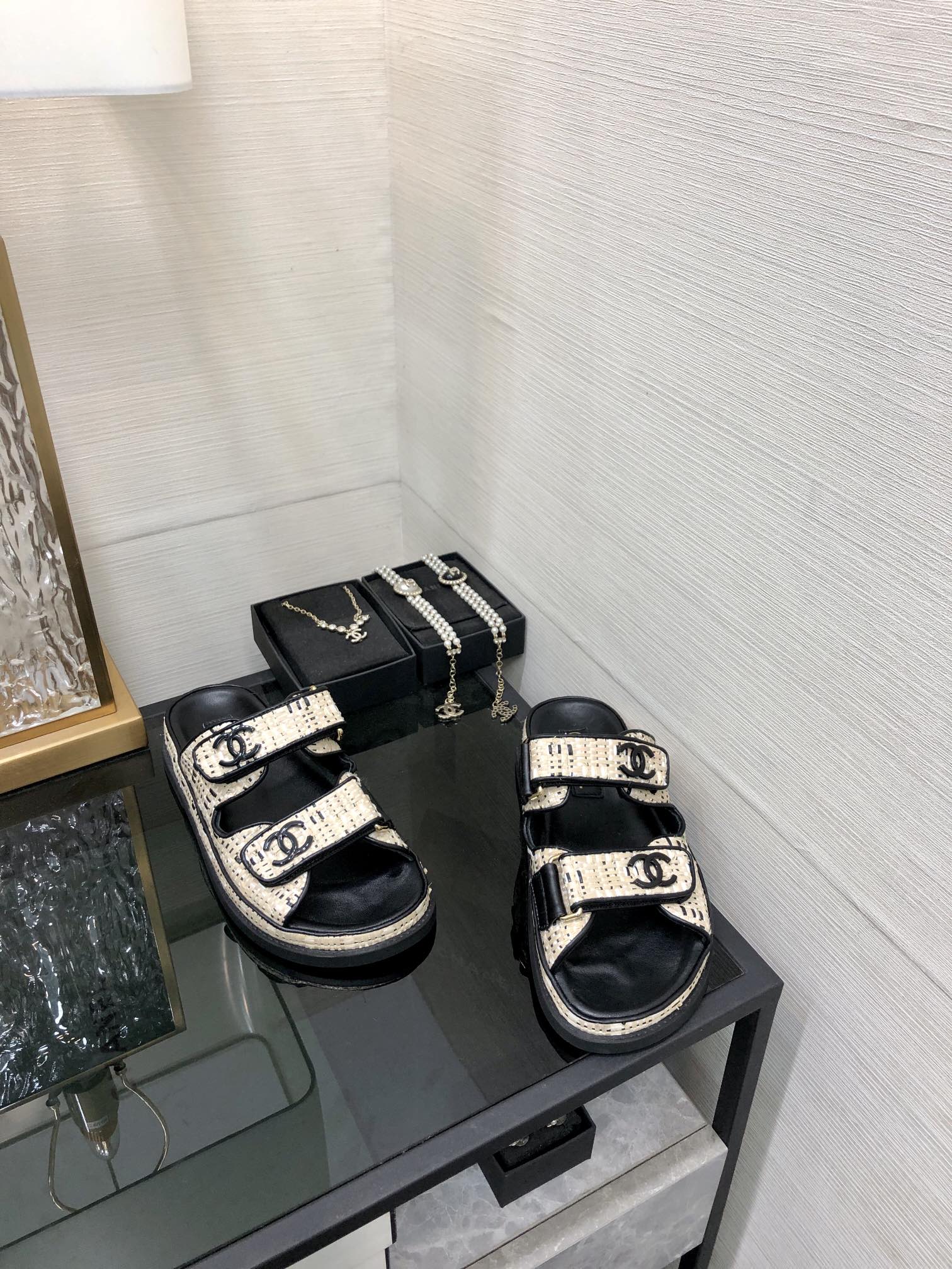 Chanel Women's Ivory & Black Handmade Velcro Strap Sandals 7 i1717014453 9793 2