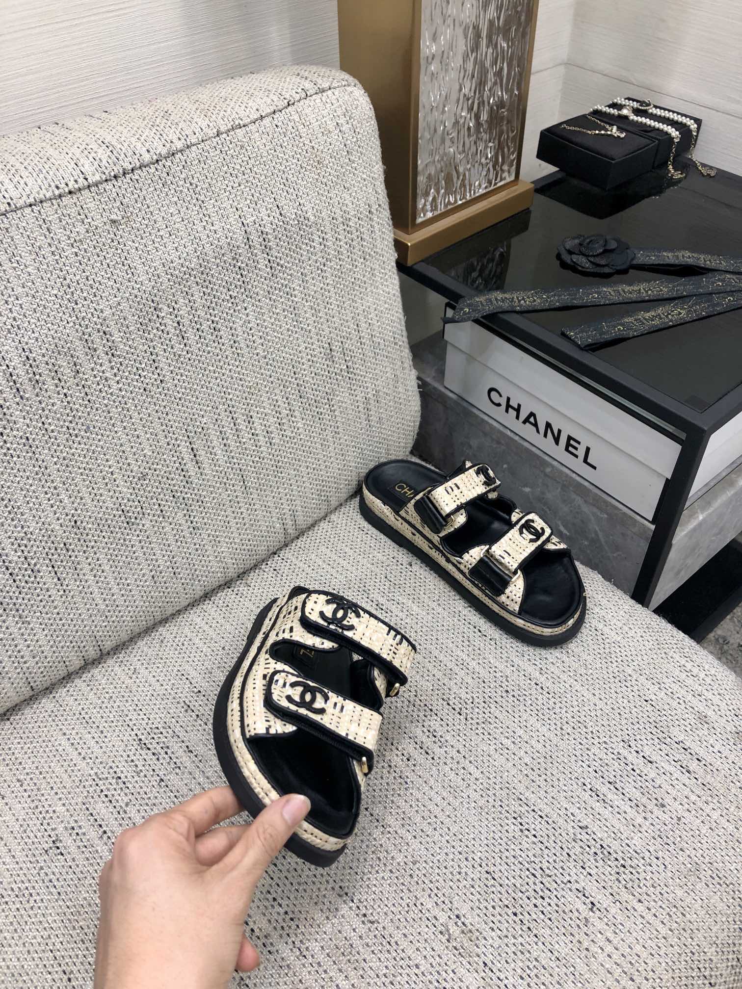 Chanel Women's Ivory & Black Handmade Velcro Strap Sandals 3 i1717014454 8619 7