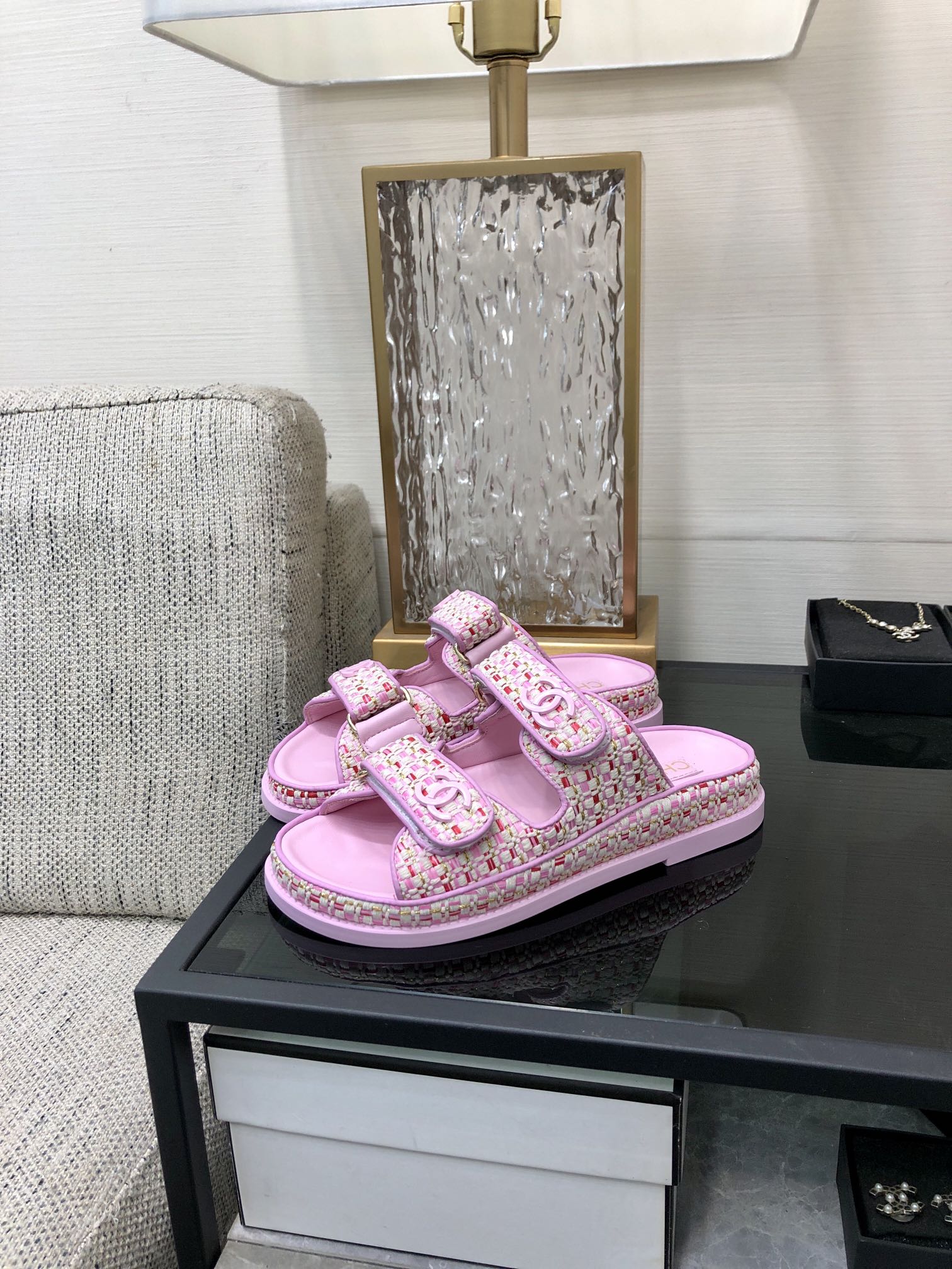 Chanel Pink Tweed Velcro Sandals - Luxurious and Comfortable Slides 4 i1717014990 5256 0